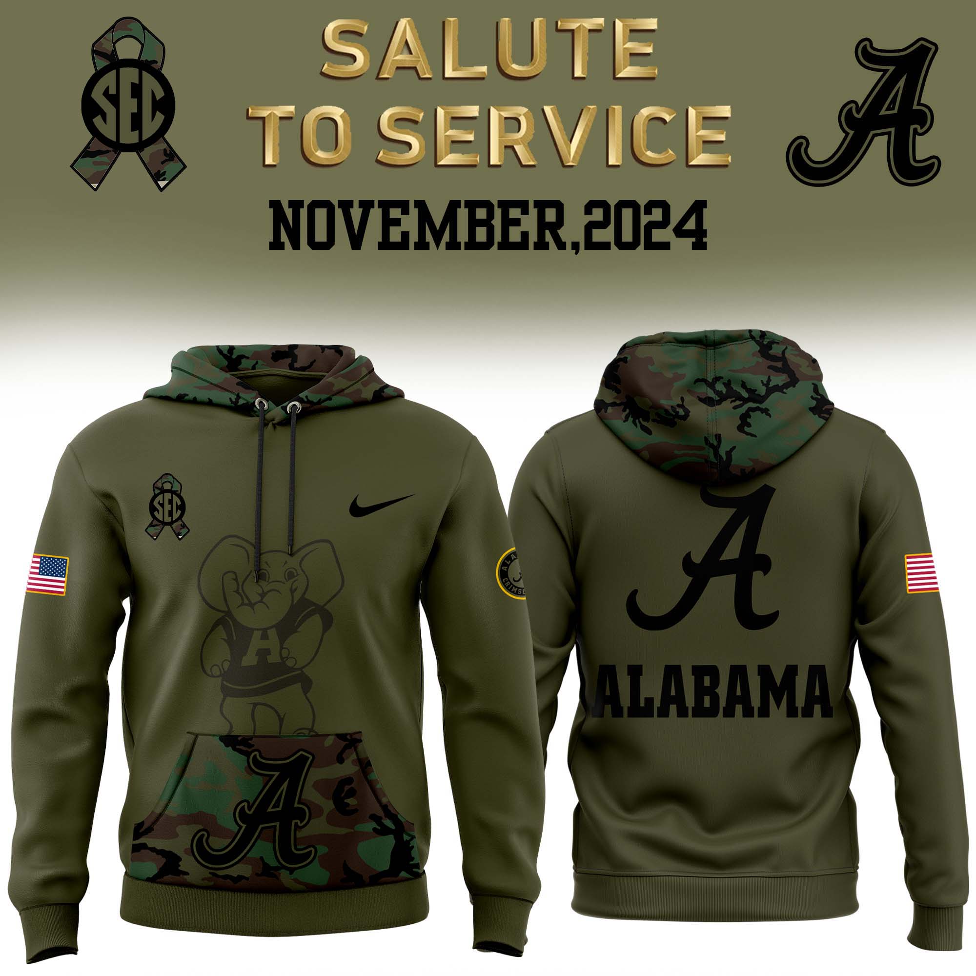 Alabama Football Camo Salute to Service Club Fleece Pullover Hoodie 