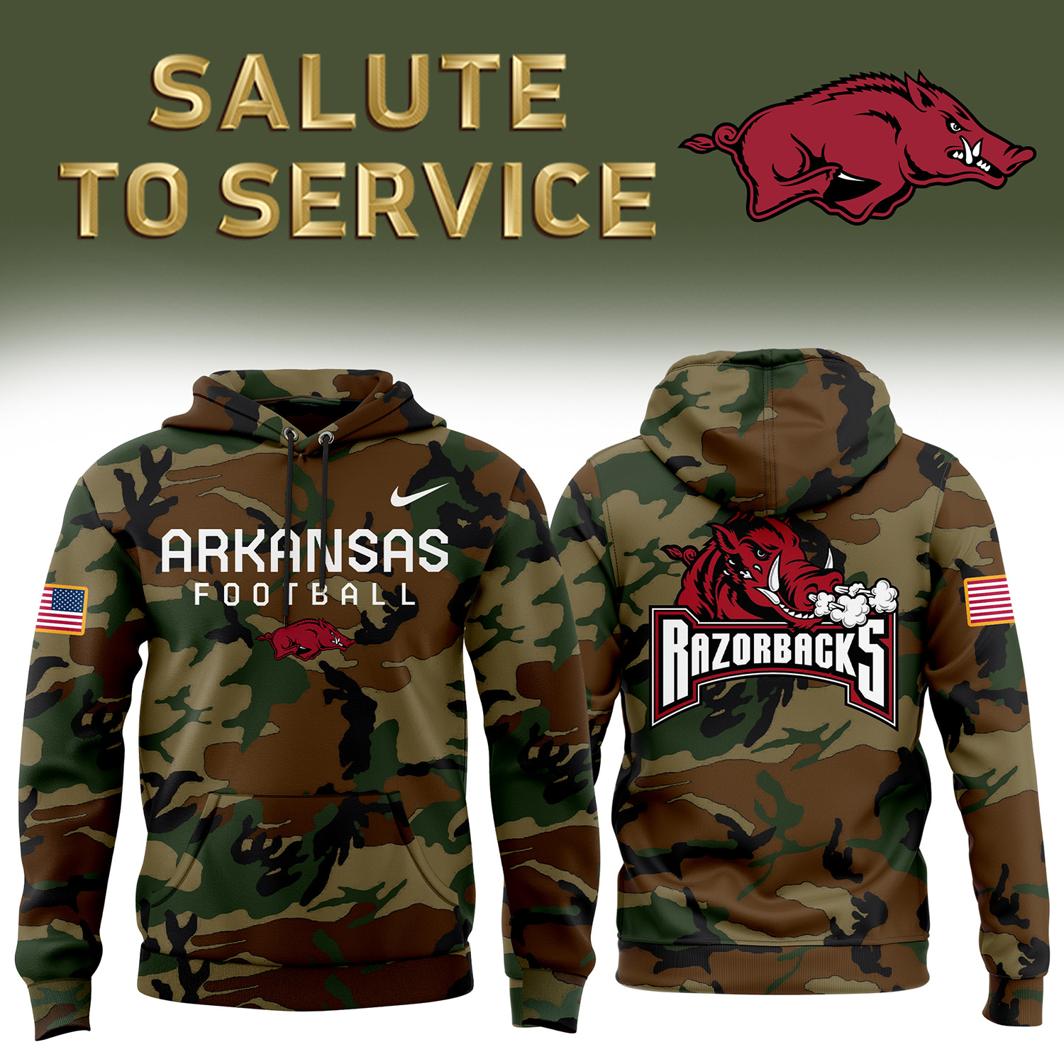 Arkansas Razorback Football Arctic Camo Salute to Service Club Fleece Pullover Hoodie 