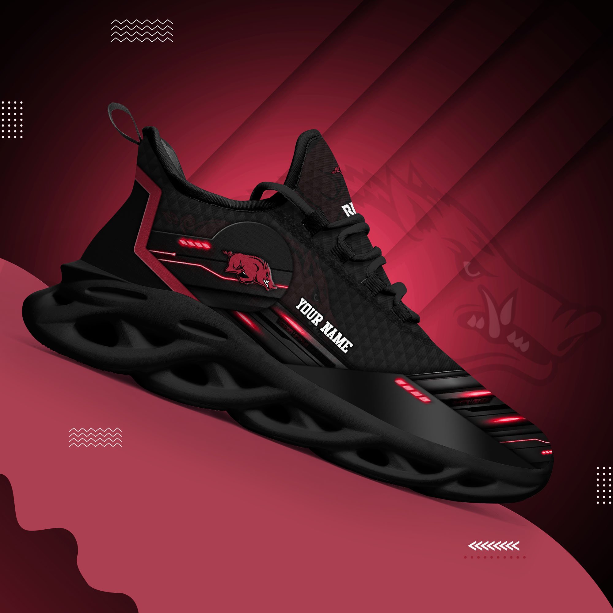 Arkansas Razorbacks Black Clunky Sneaker Custom Name, Max Soul Shoes, Sport Gifts For Fan