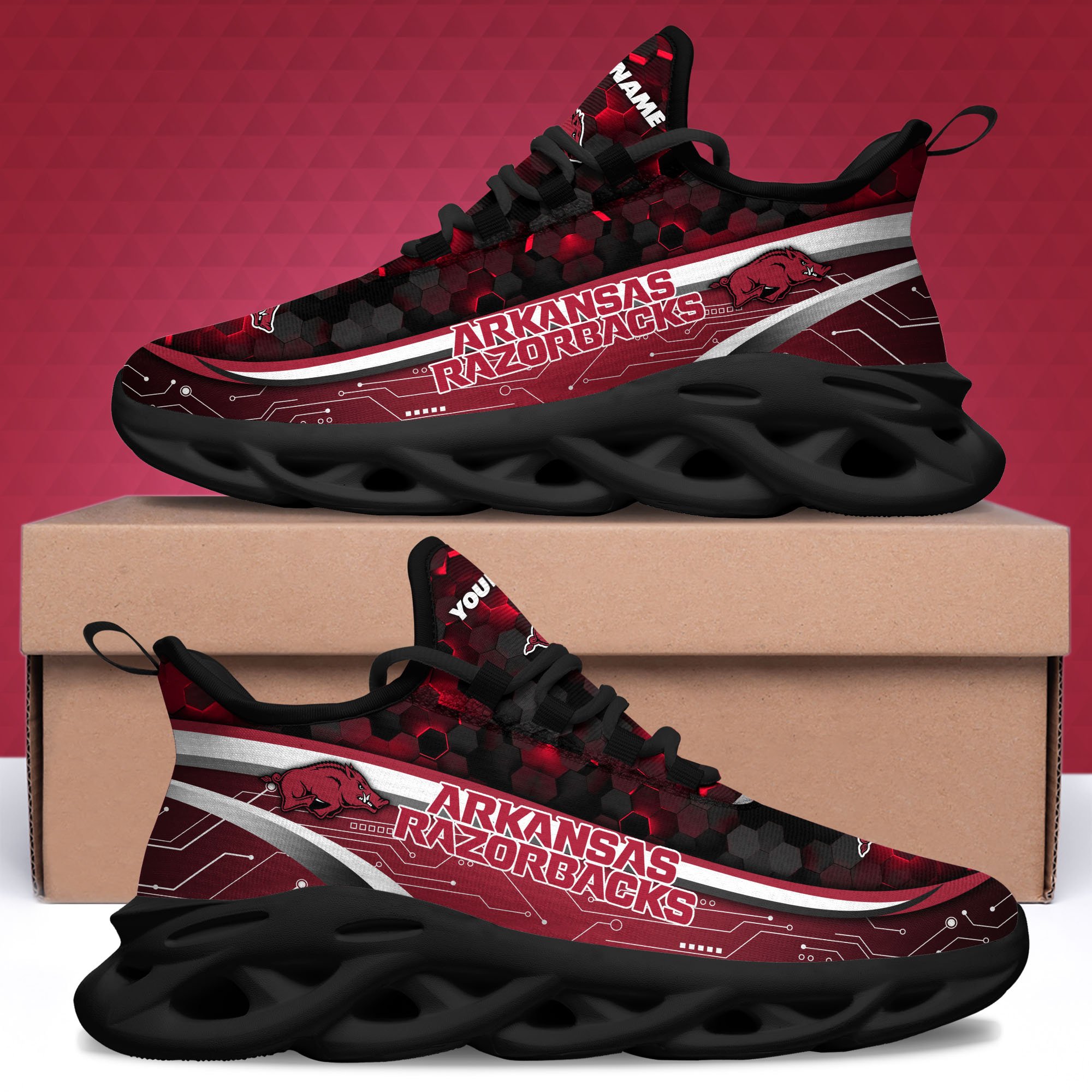 Arkansas Razorbacks Black Clunky Sneakers Custom Name, Max Soul Shoes, Sport Gifts