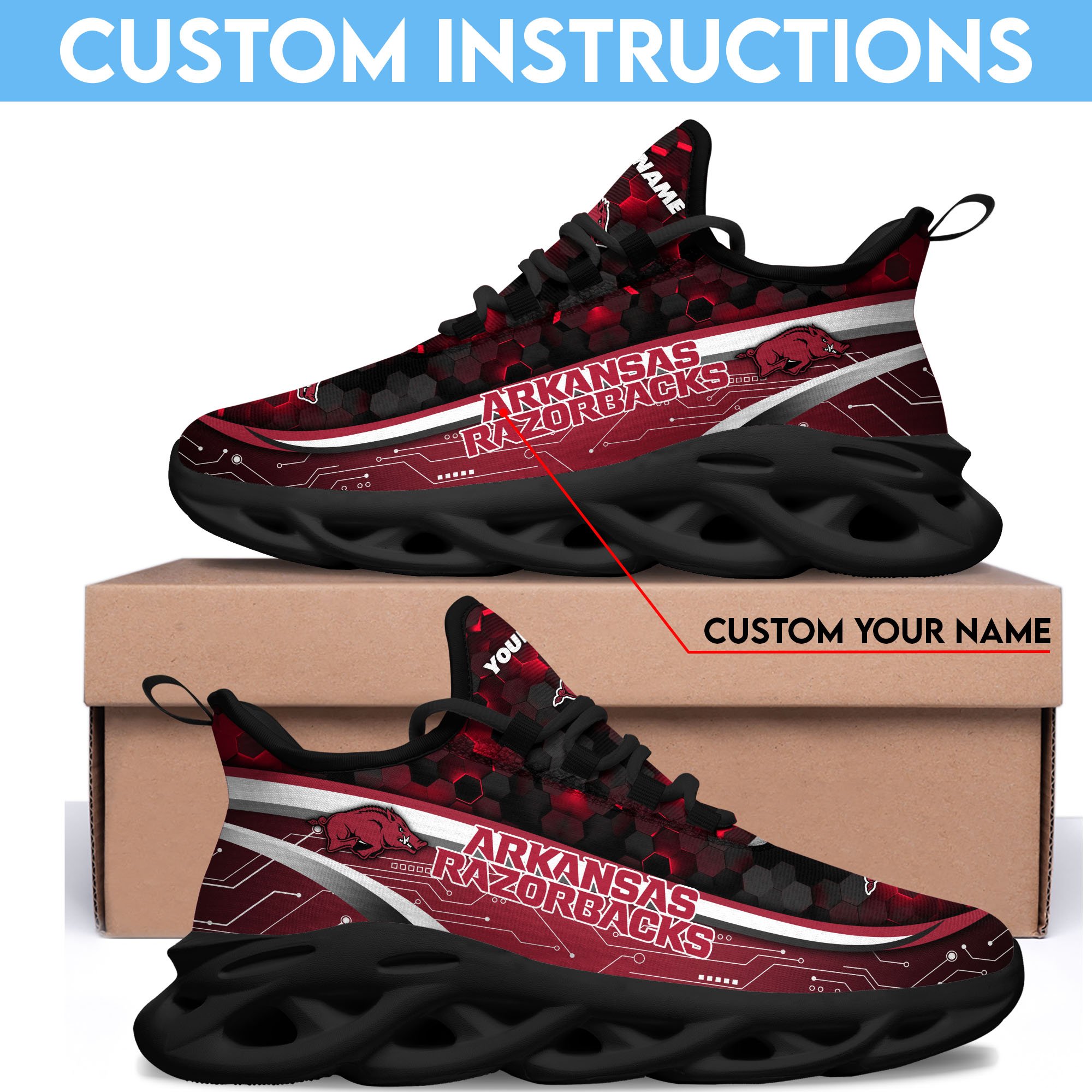 Arkansas Razorbacks Black Clunky Sneakers Custom Name, Max Soul Shoes, Sport Gifts