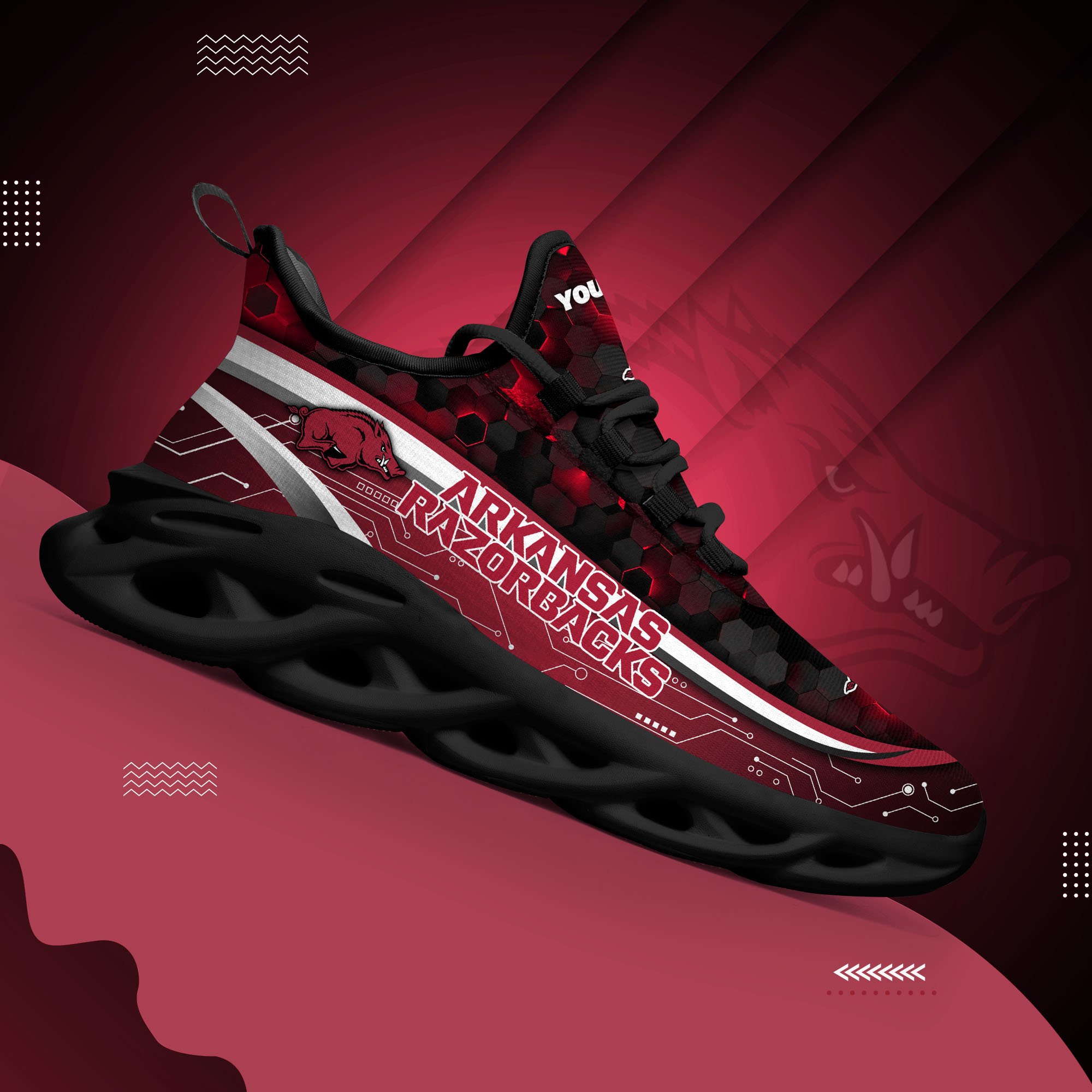 Arkansas Razorbacks Black Clunky Sneakers Custom Name, Max Soul Shoes, Sport Gifts