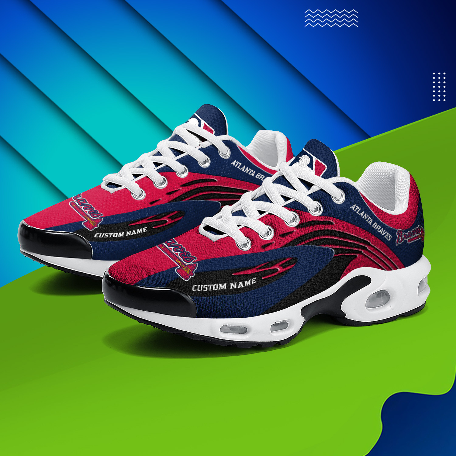 Atlanta Braves Personalized Name Team Logo Mix Colors Wave Line TN Shoes Air Cushion Sneakers