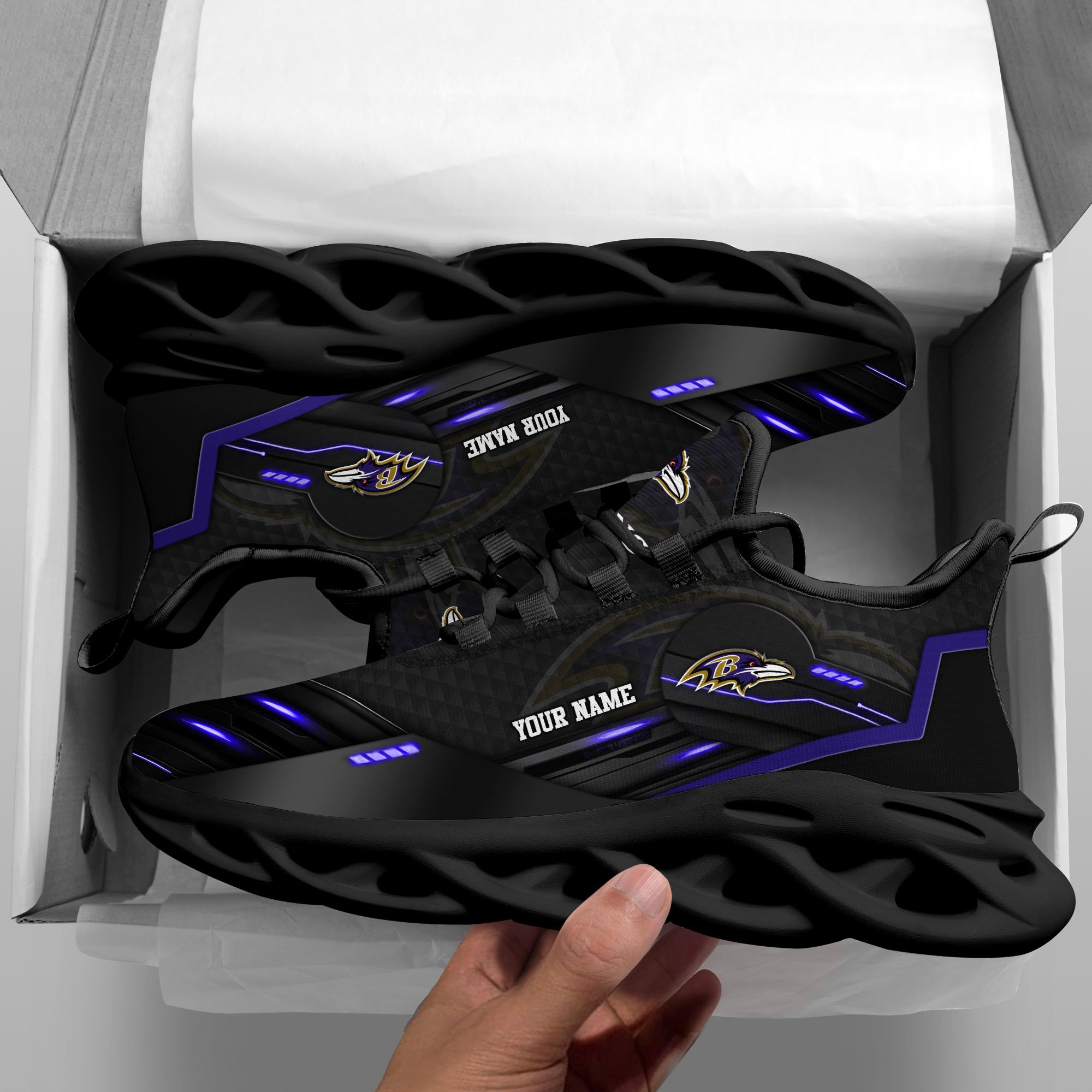 Baltimore Ravens Black Clunky Sneaker Custom Name, Max Soul Shoes, Sport Gifts For Fan