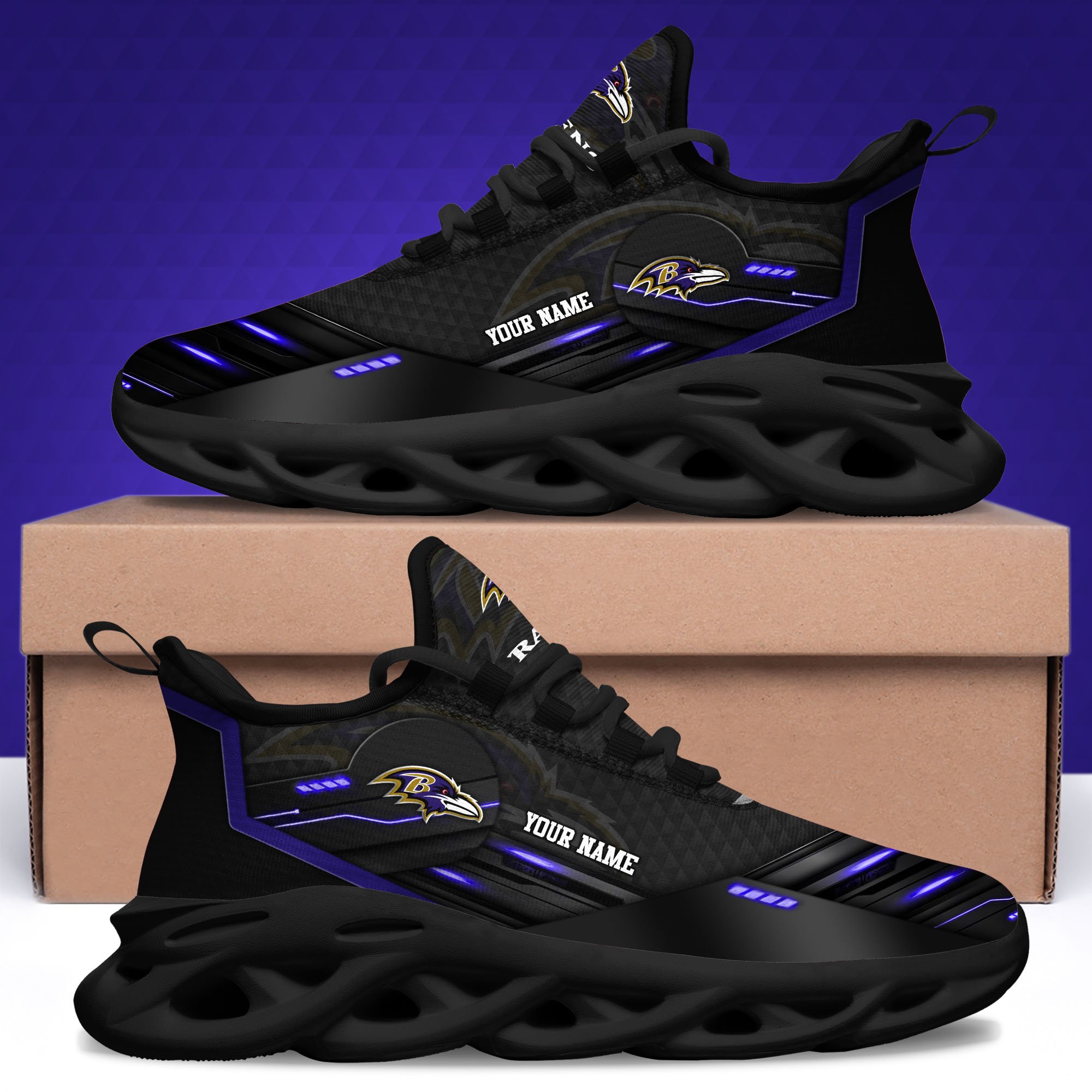 Baltimore Ravens Black Clunky Sneaker Custom Name, Max Soul Shoes, Sport Gifts For Fan