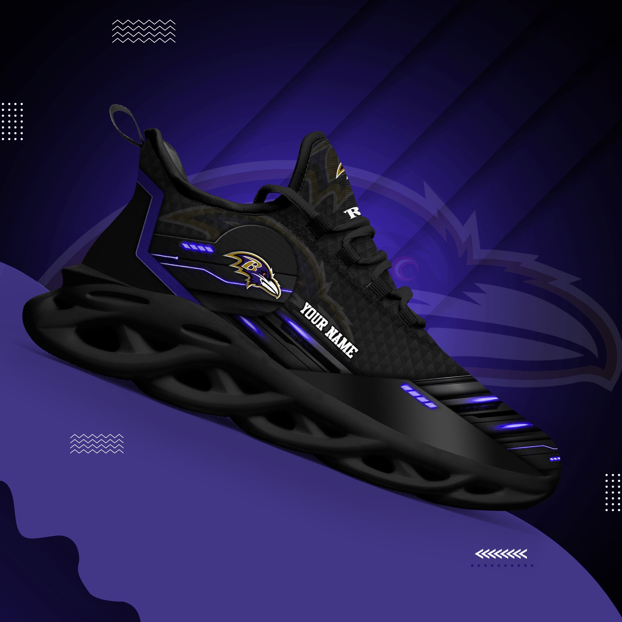 Baltimore Ravens Black Clunky Sneaker Custom Name, Max Soul Shoes, Sport Gifts For Fan