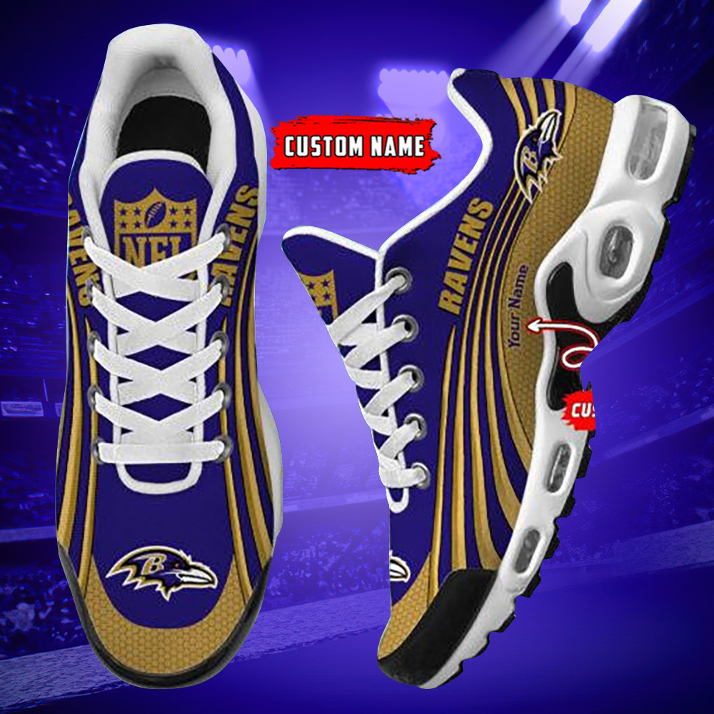 Baltimore Ravens Personalized Name Team Colors Wave Lines TN Air Max Shoes Air Cushion Sneakers
