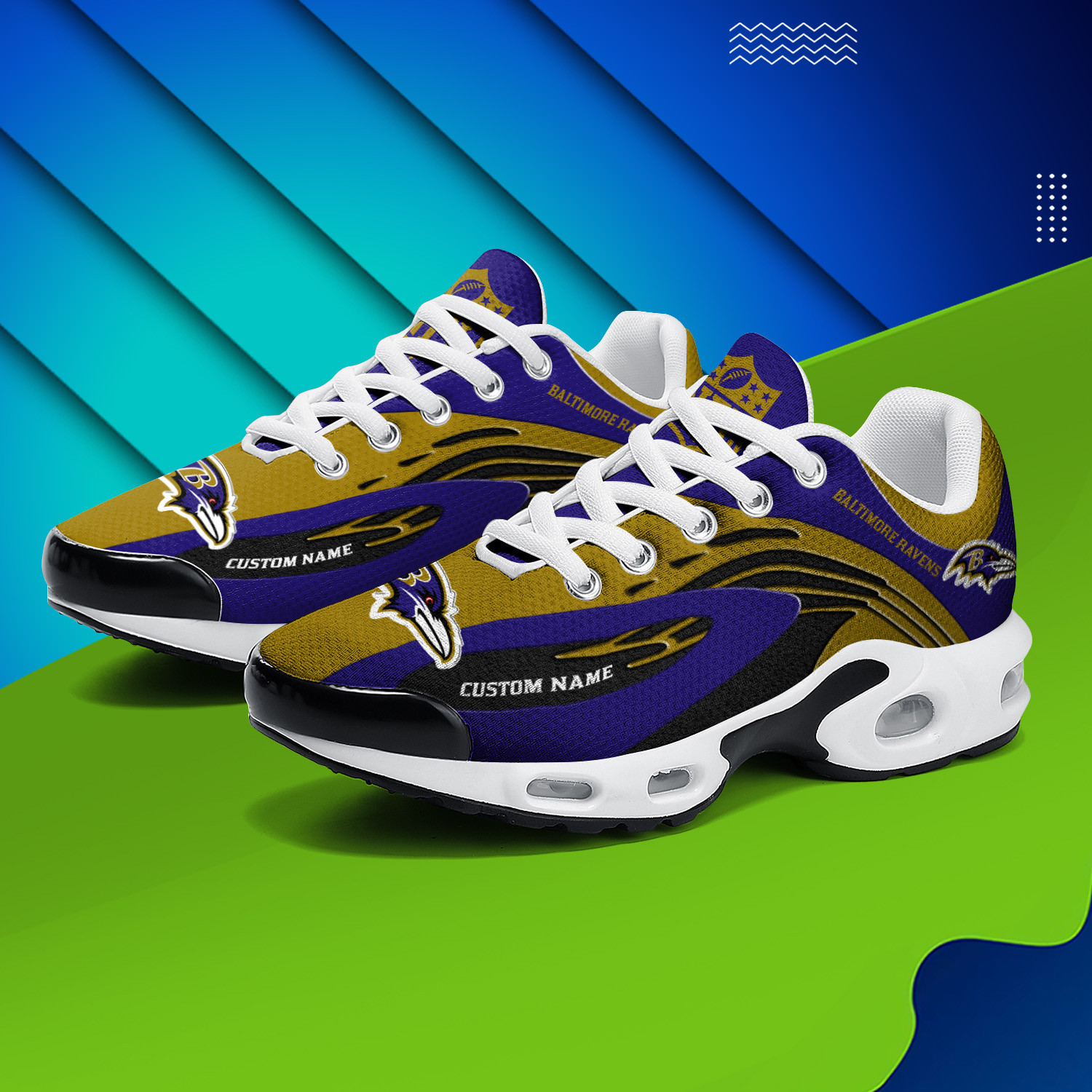 Baltimore Ravens Personalized Name Team Logo Mix Colors Wave Line TN Air Max Shoes Air Cushion Sneakers