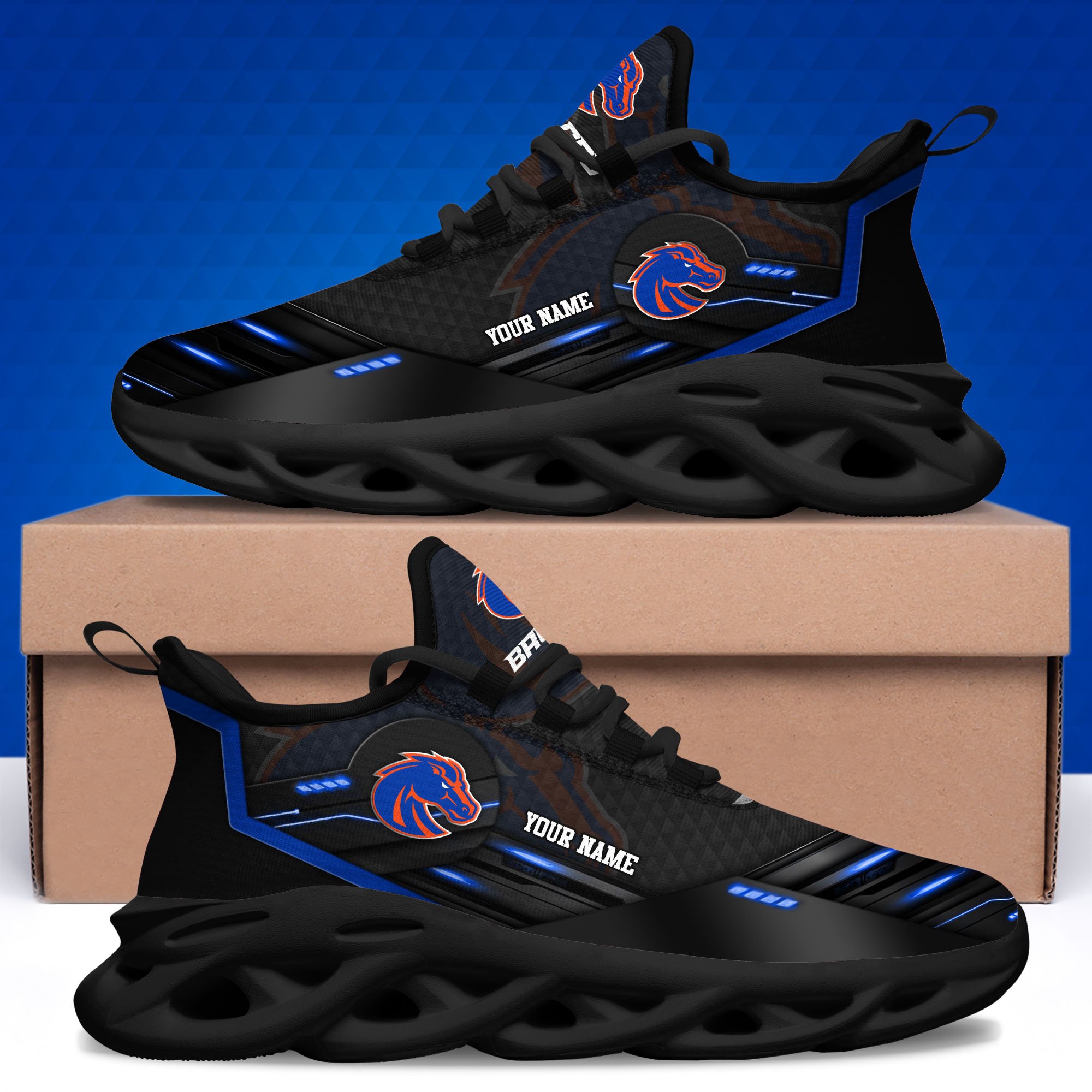 Boise State Broncos Black Clunky Sneaker Custom Name, Max Soul Shoes, Sport Gifts For Fan