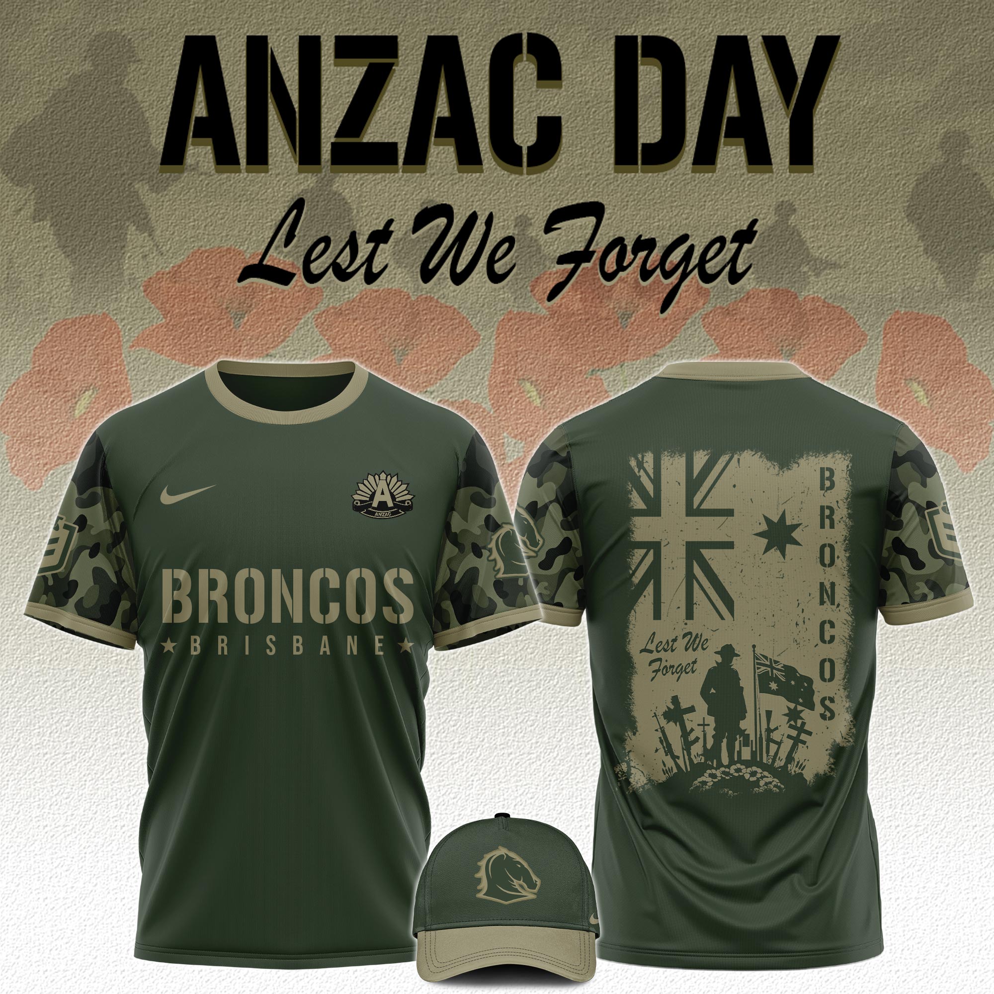 Brisbane Broncos   x Anzac Day   Tshirt 2025 