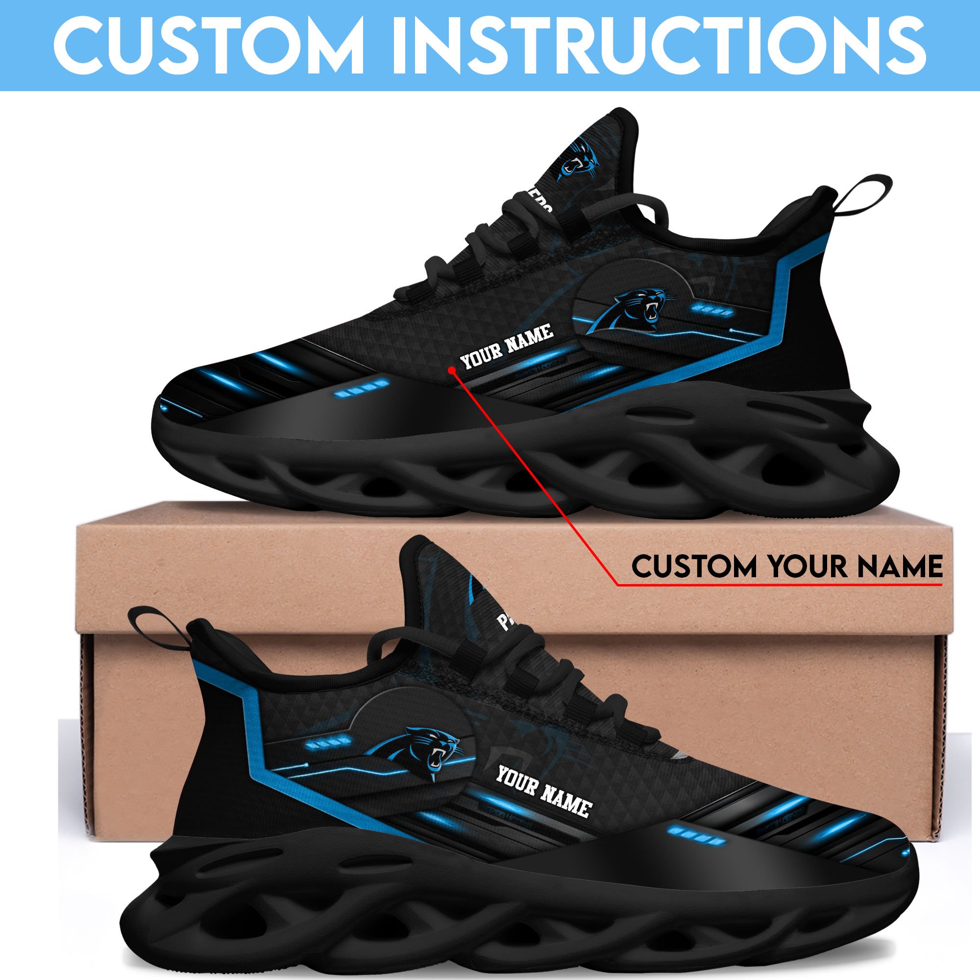 Carolina Panthers Black Clunky Sneaker Custom Name, Max Soul Shoes, Sport Gifts For Fan