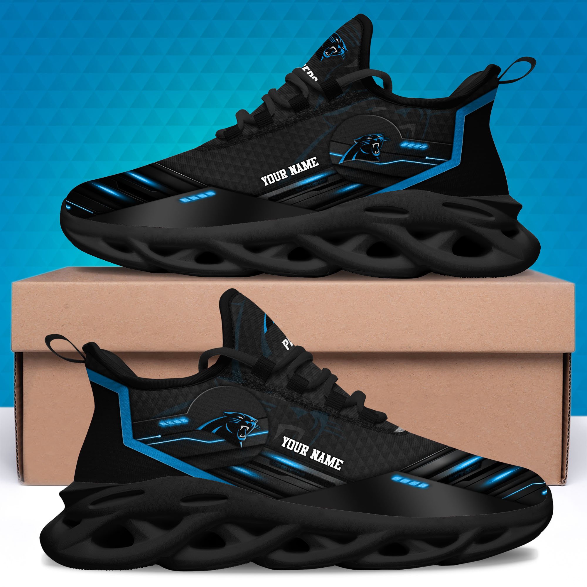 Carolina Panthers Black Clunky Sneaker Custom Name, Max Soul Shoes, Sport Gifts For Fan