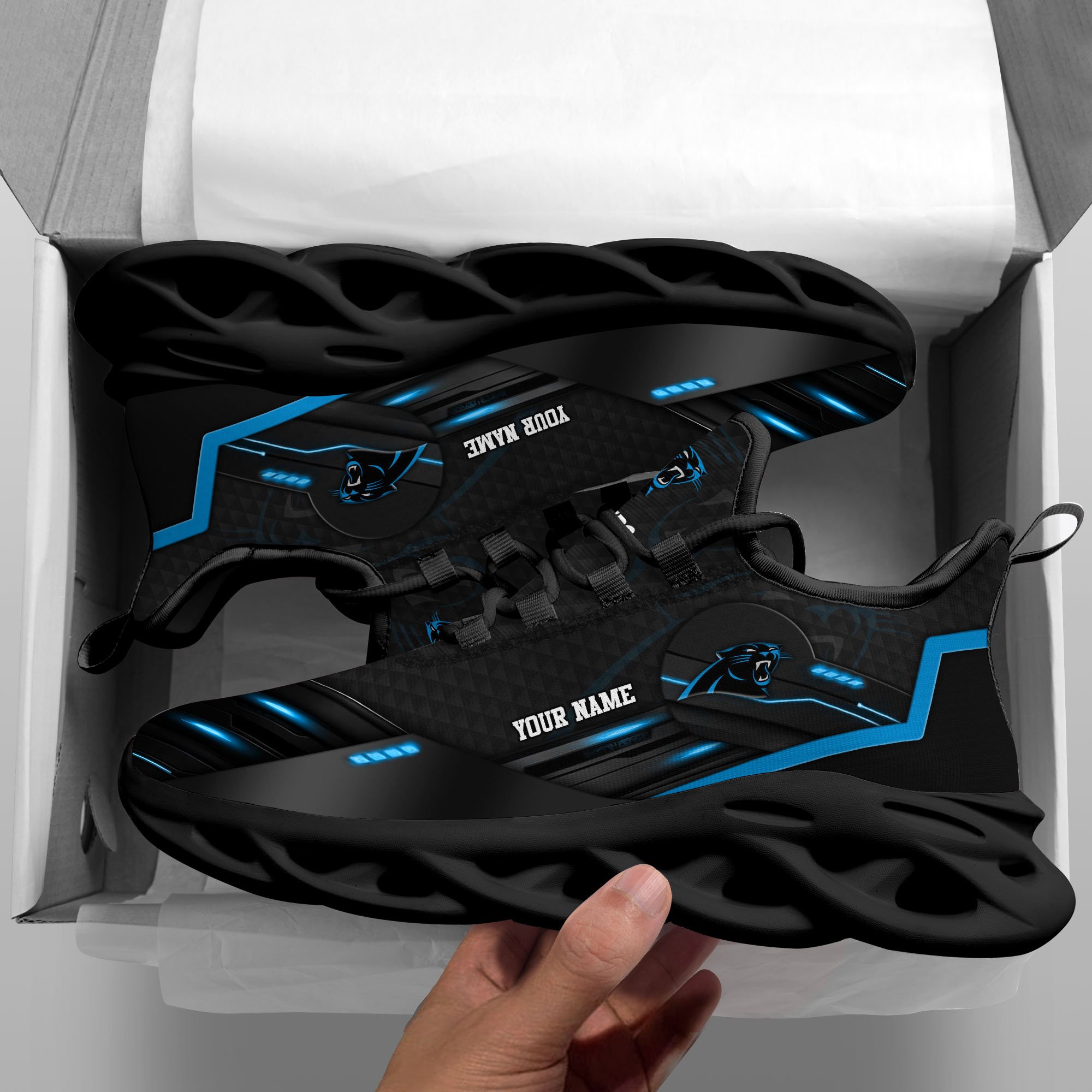 Carolina Panthers Black Clunky Sneaker Custom Name, Max Soul Shoes, Sport Gifts For Fan