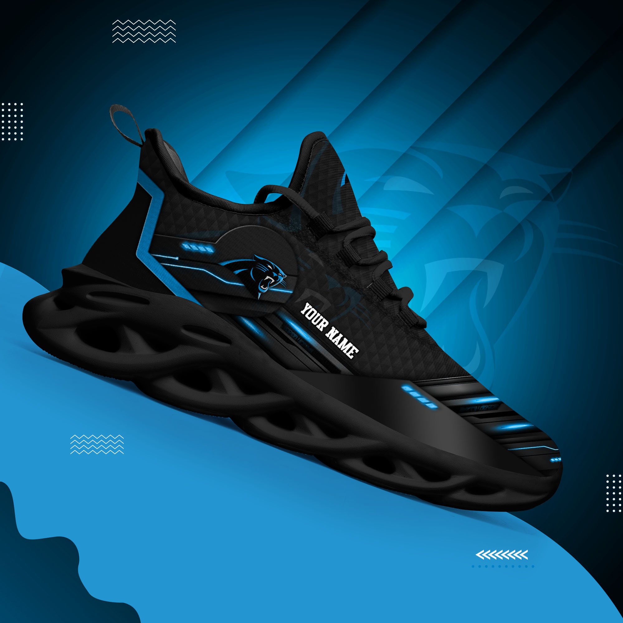Carolina Panthers Black Clunky Sneaker Custom Name, Max Soul Shoes, Sport Gifts For Fan