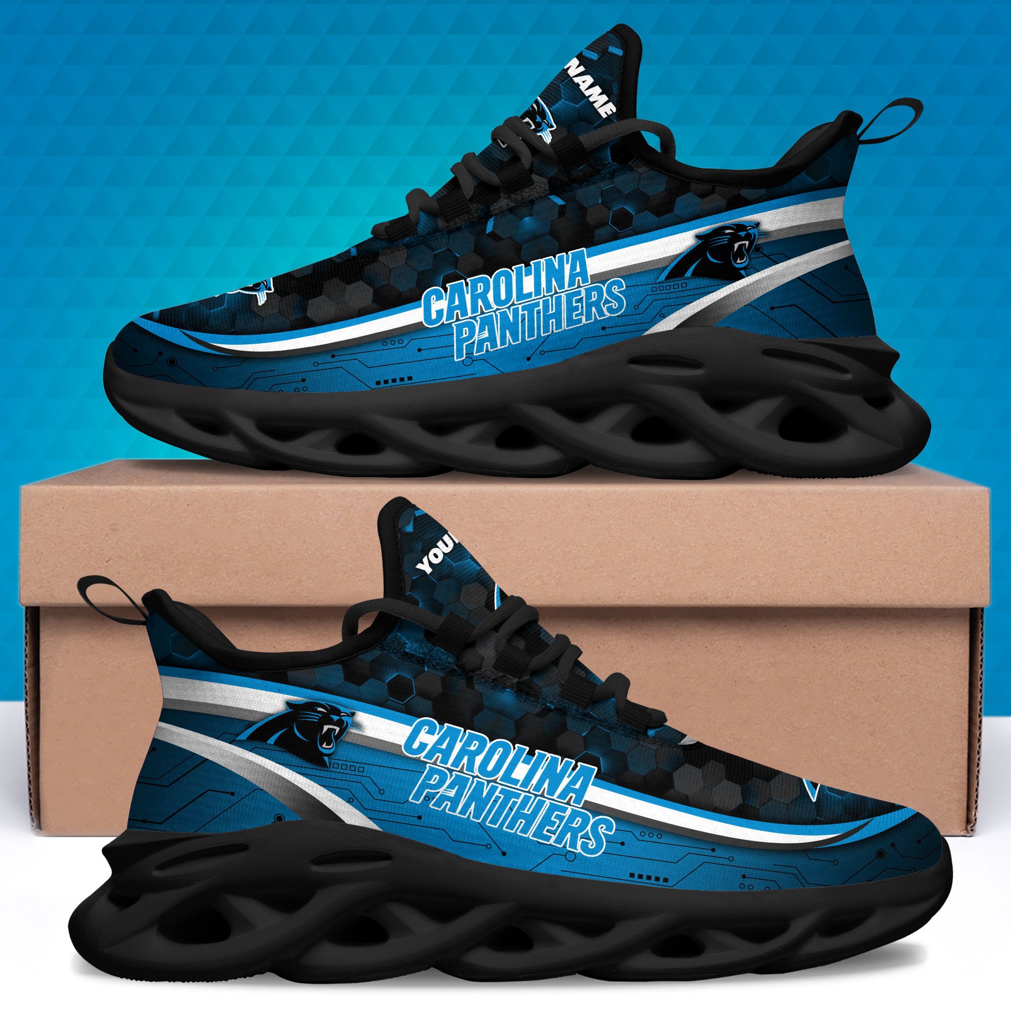 Carolina Panthers Black Clunky Sneakers Custom Name, Max Soul Shoes, Sport Gifts