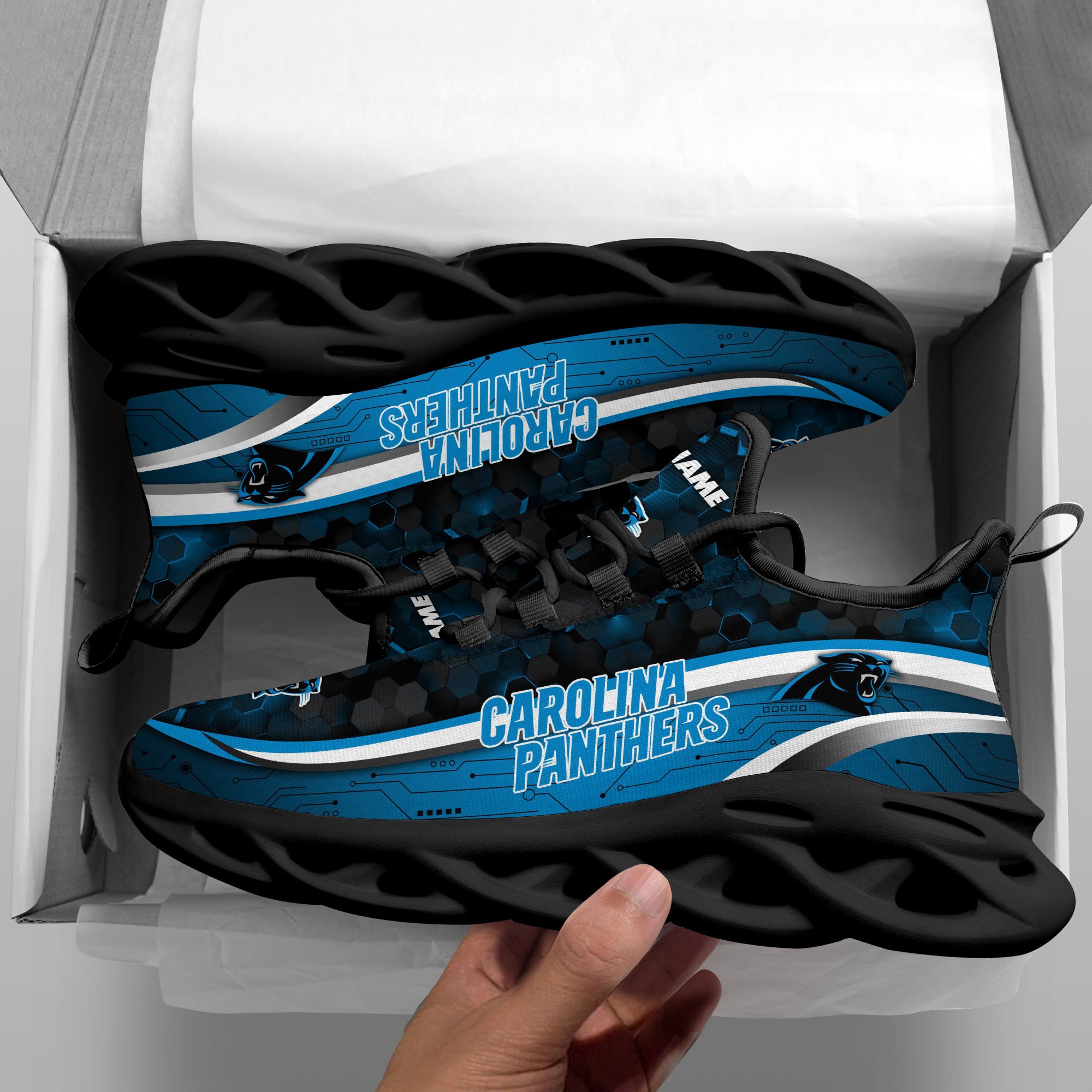 Carolina Panthers Black Clunky Sneakers Custom Name, Max Soul Shoes, Sport Gifts