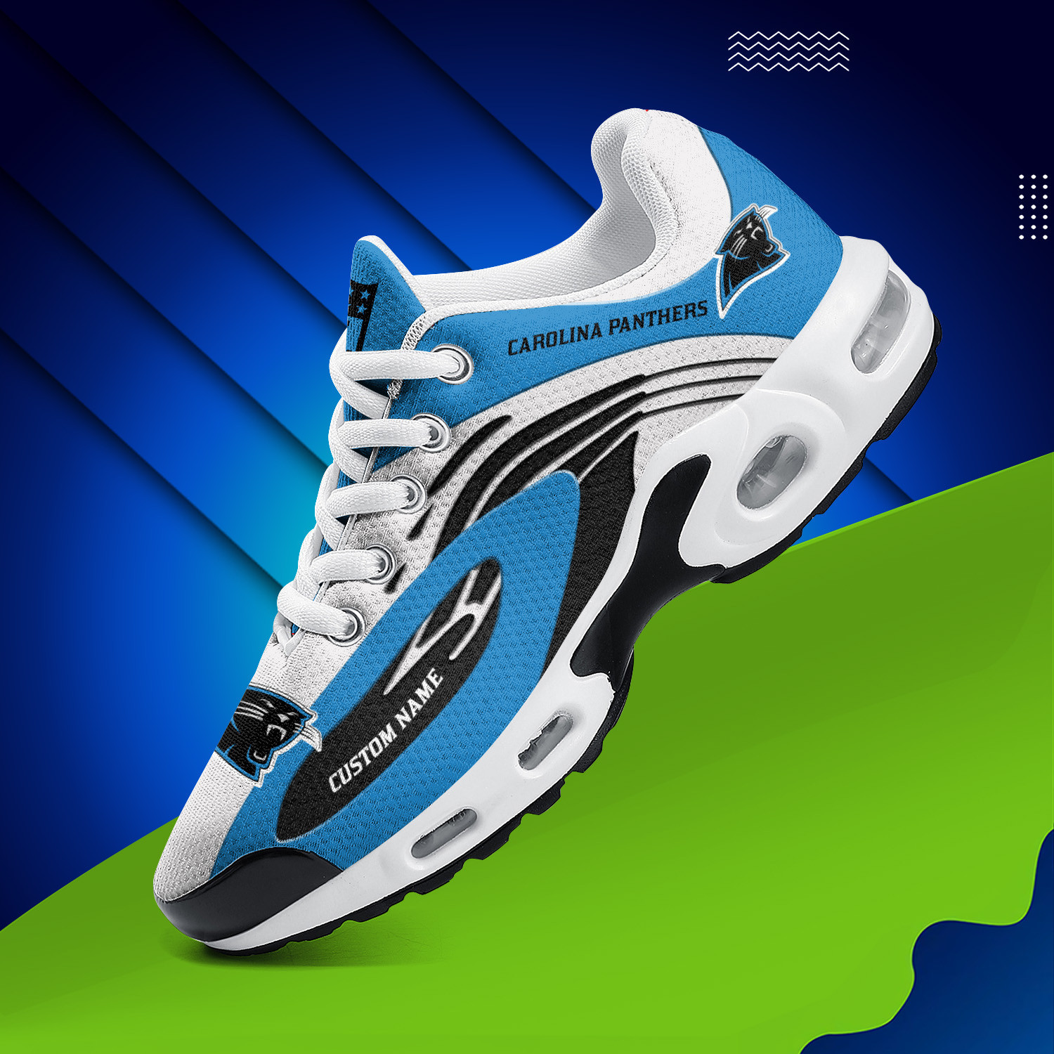 Carolina Panthers Personalized Name Team Logo Mix Colors Wave Line TN Air Max Shoes Air Cushion Sneakers