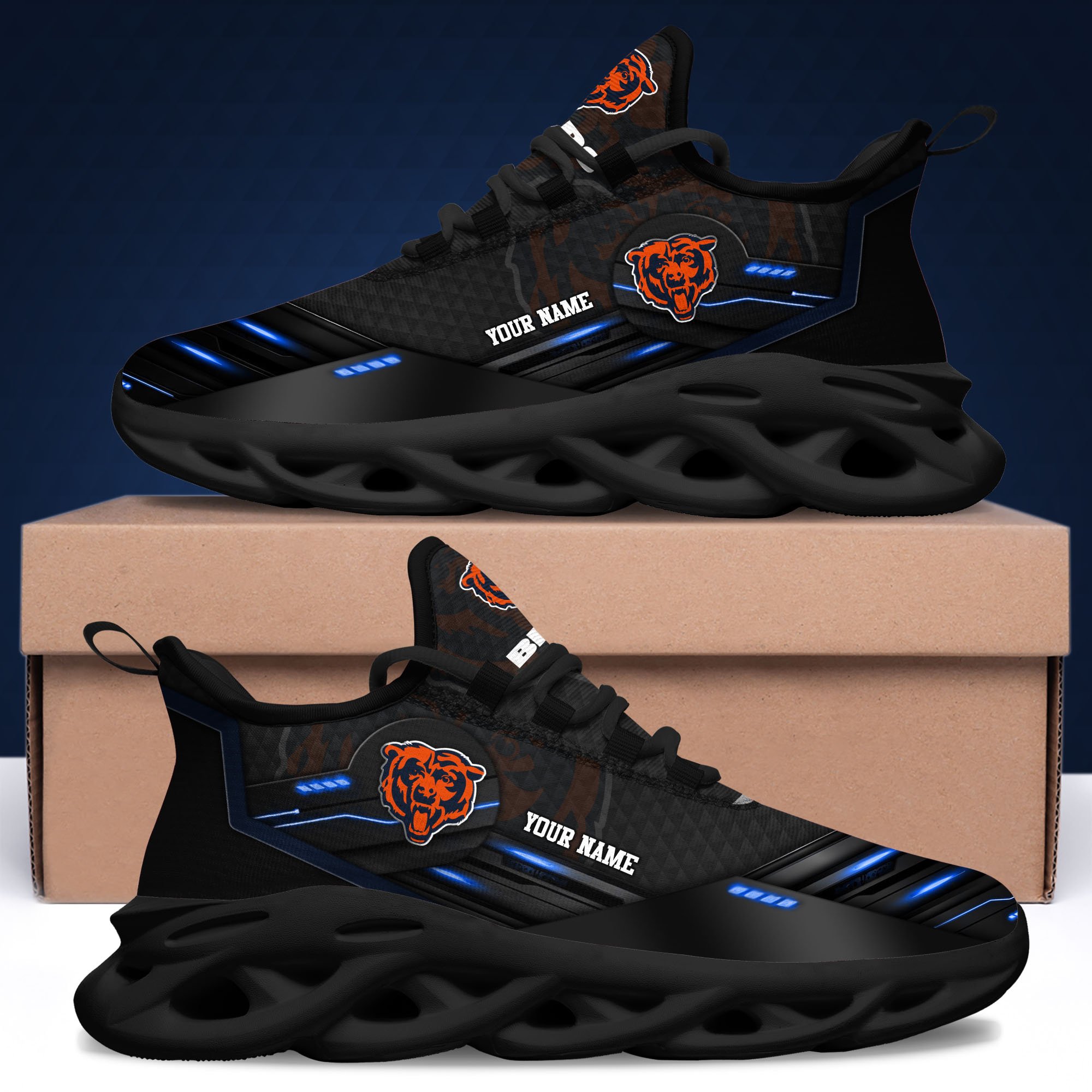 Chicago Bears Black Clunky Sneaker Custom Name, Max Soul Shoes, Sport Gifts For Fan