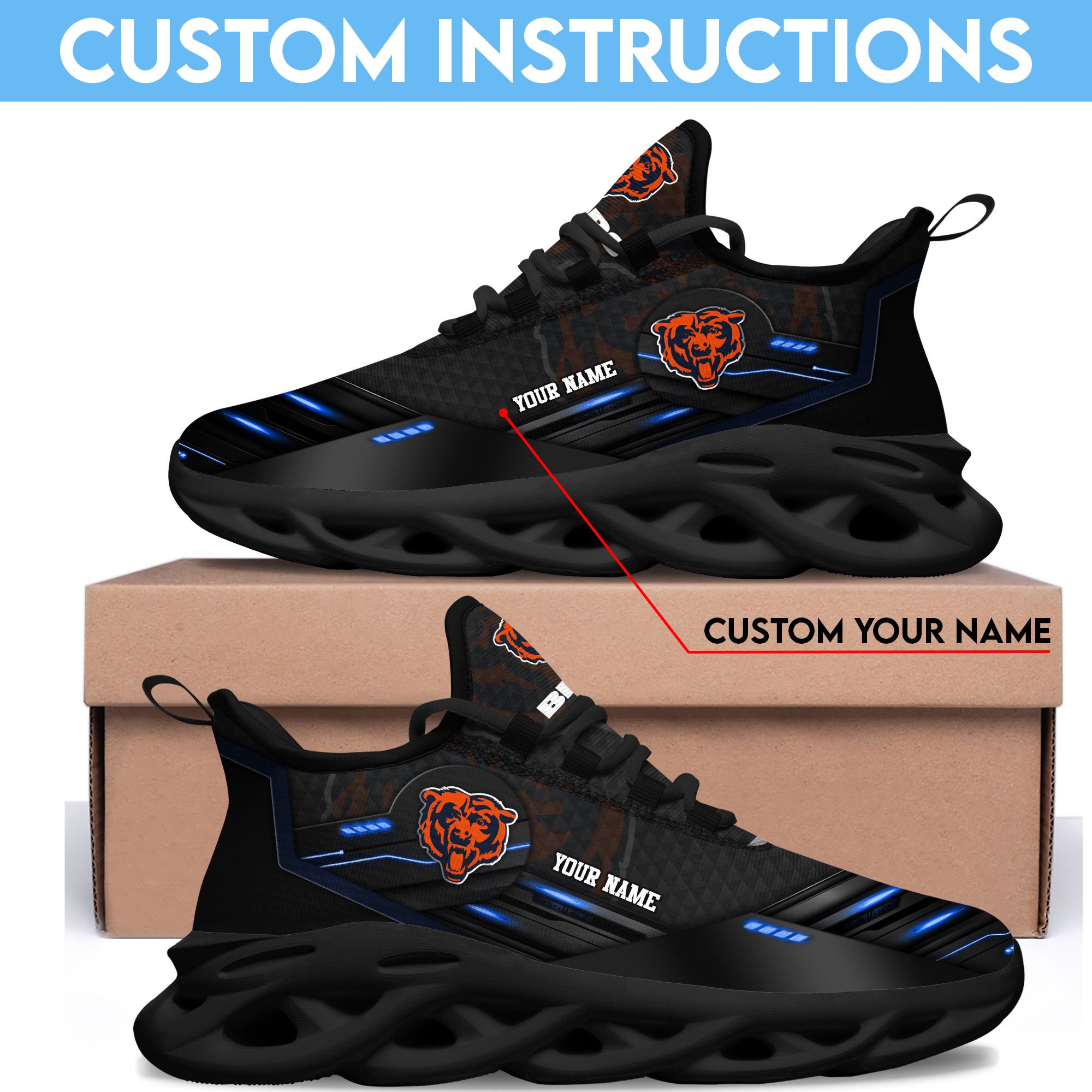 Chicago Bears Black Clunky Sneaker Custom Name, Max Soul Shoes, Sport Gifts For Fan