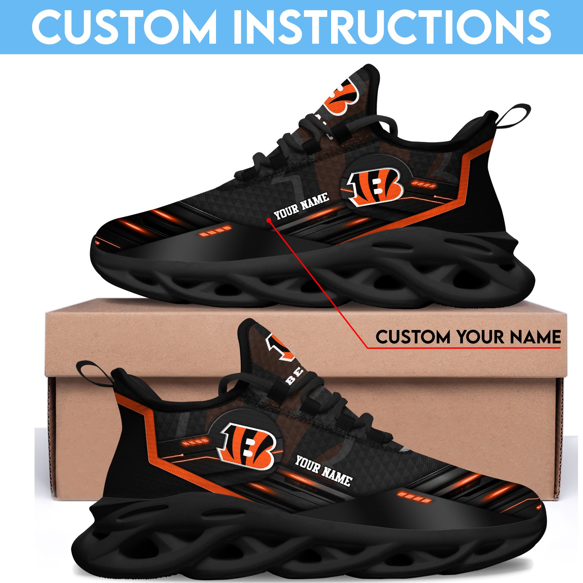 Cincinnati Bengals Black Clunky Sneaker Custom Name, Max Soul Shoes, Sport Gifts For Fan