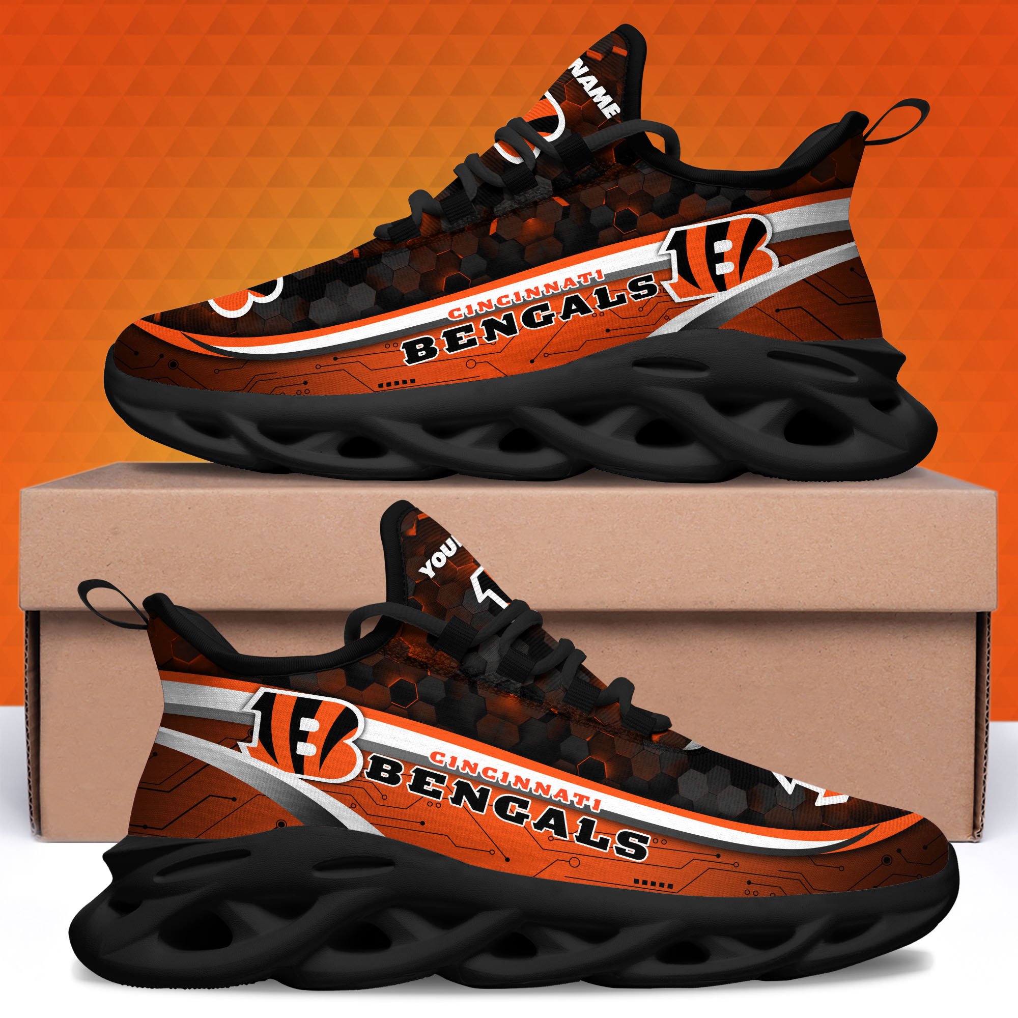 Cincinnati Bengals Black Clunky Sneakers Custom Name, Max Soul Shoes, Sport Gifts