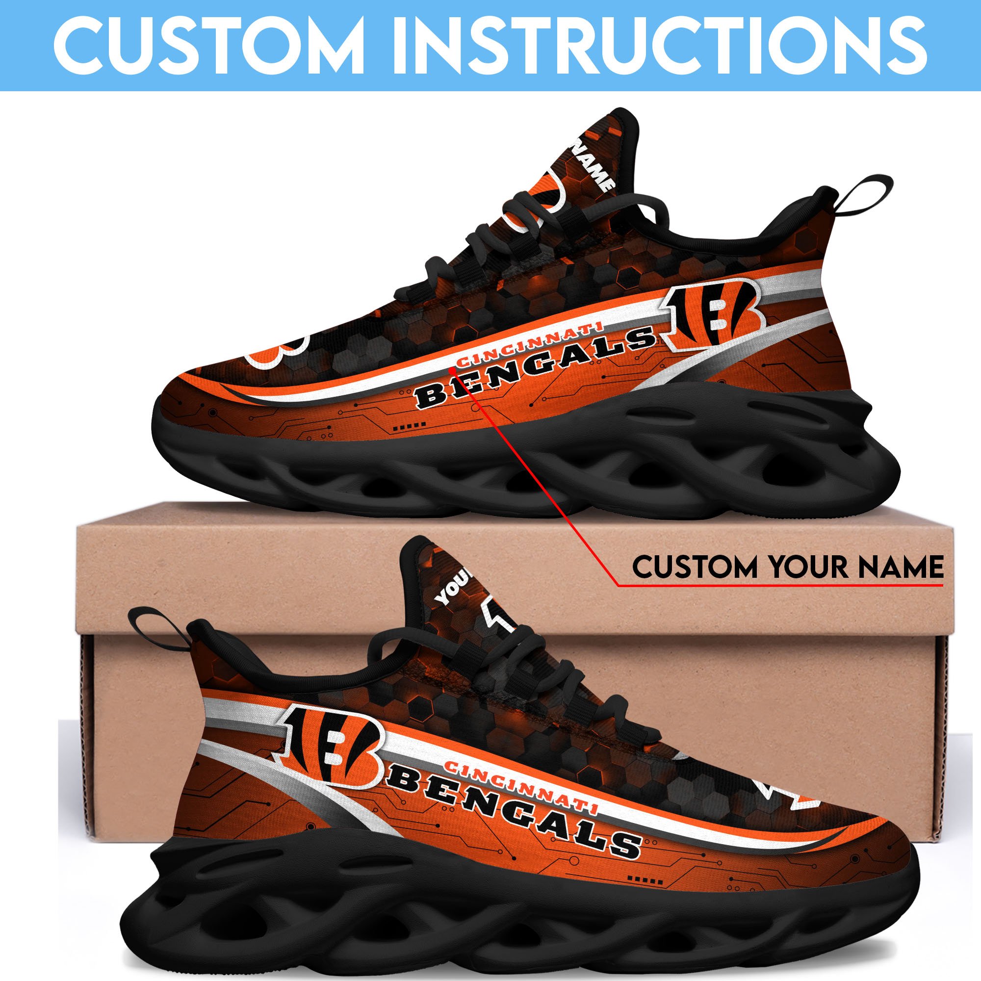 Cincinnati Bengals Black Clunky Sneakers Custom Name, Max Soul Shoes, Sport Gifts