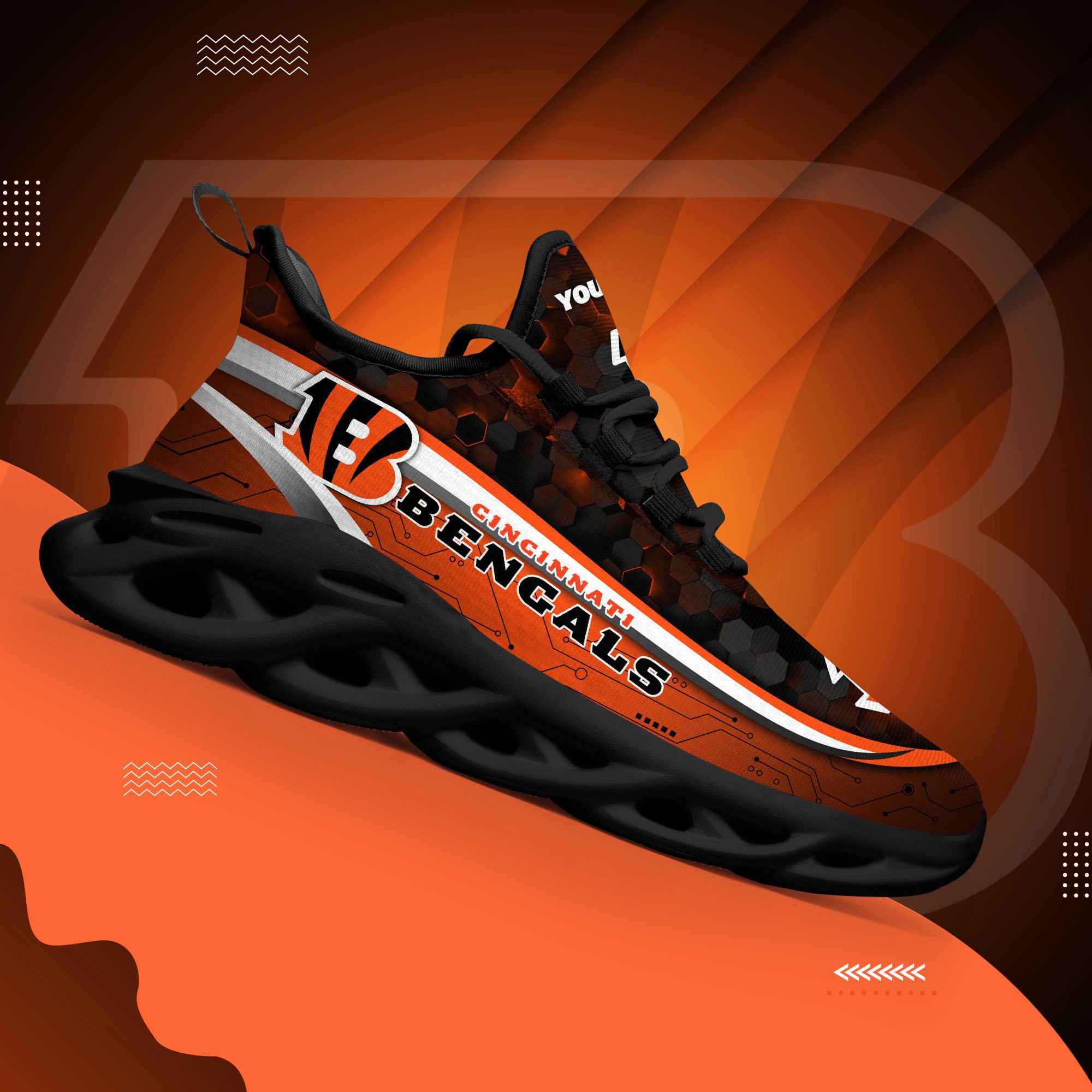Cincinnati Bengals Black Clunky Sneakers Custom Name, Max Soul Shoes, Sport Gifts