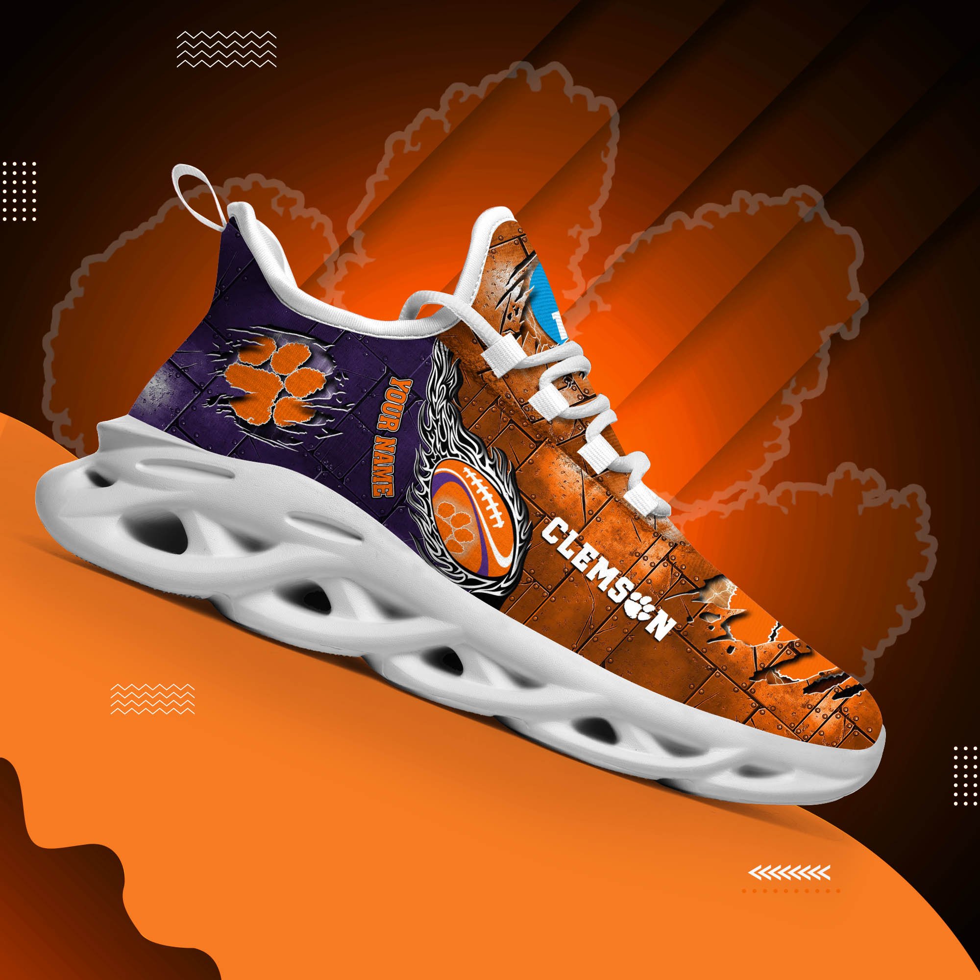 Clemson Tigers Black Max Soul Shoes 2025 Versions, White Max Soul Shoes Custom Your Name PH879