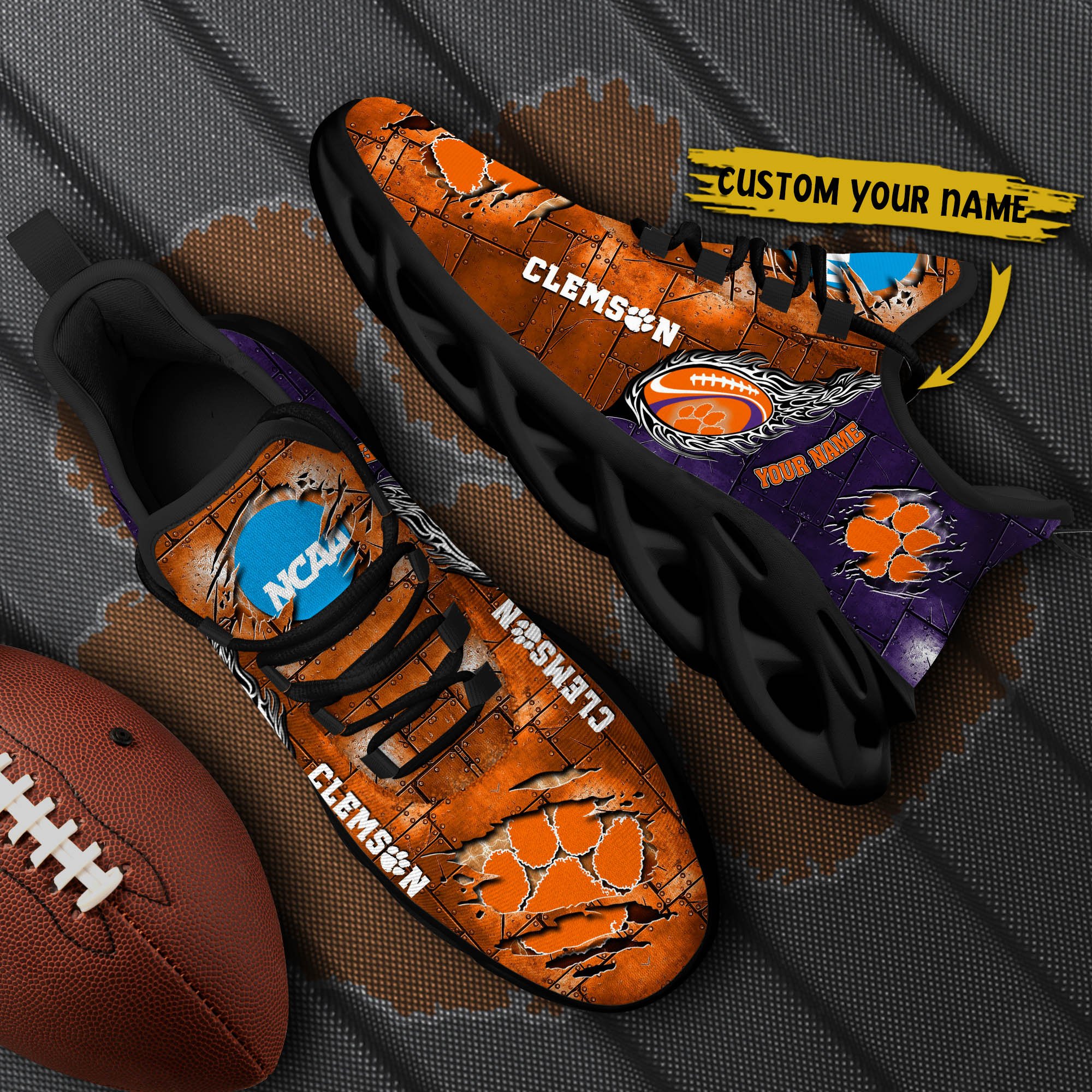 Clemson Tigers Black Max Soul Shoes 2025 Versions, White Max Soul Shoes Custom Your Name PH879