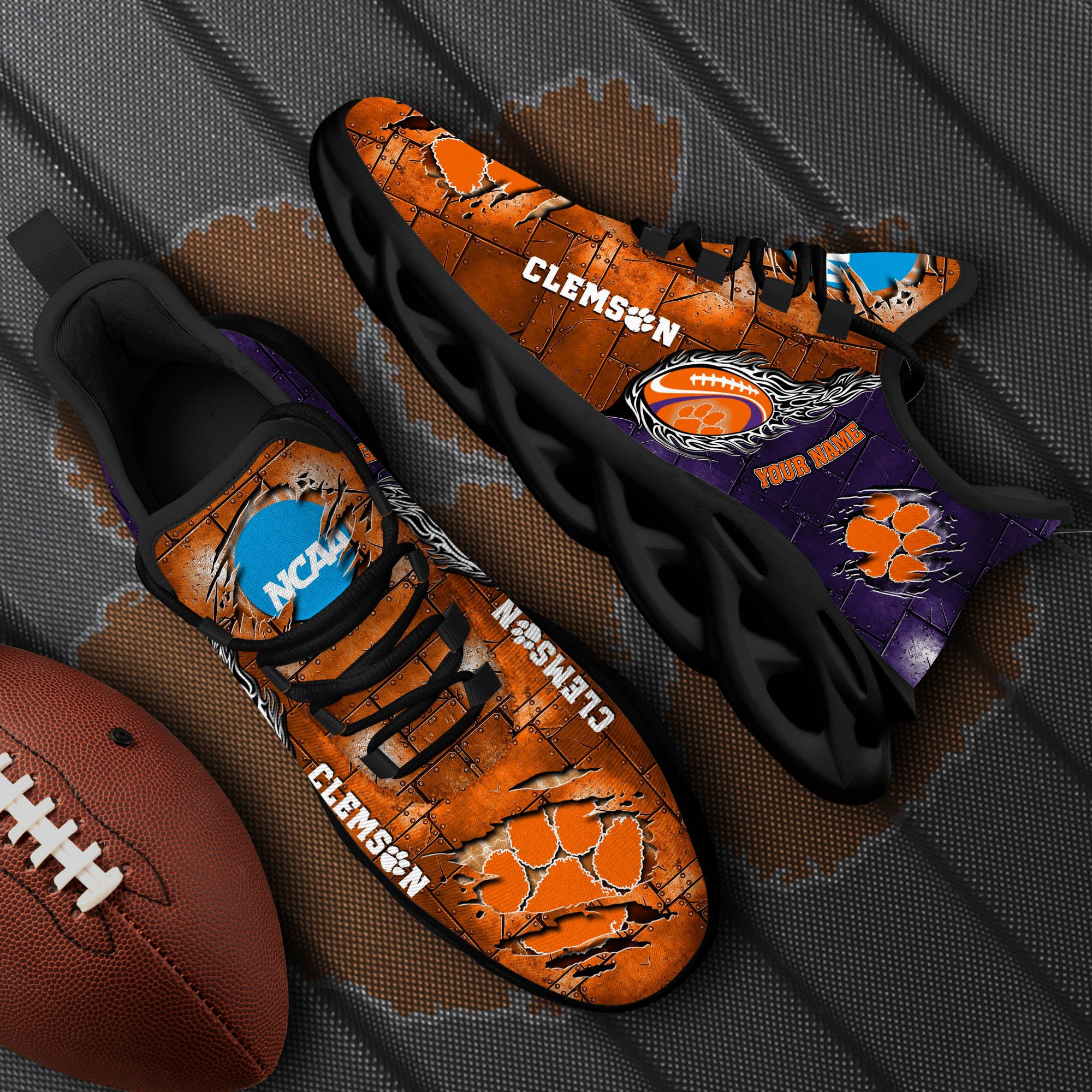 Clemson Tigers Black Max Soul Shoes 2025 Versions, White Max Soul Shoes Custom Your Name PH879