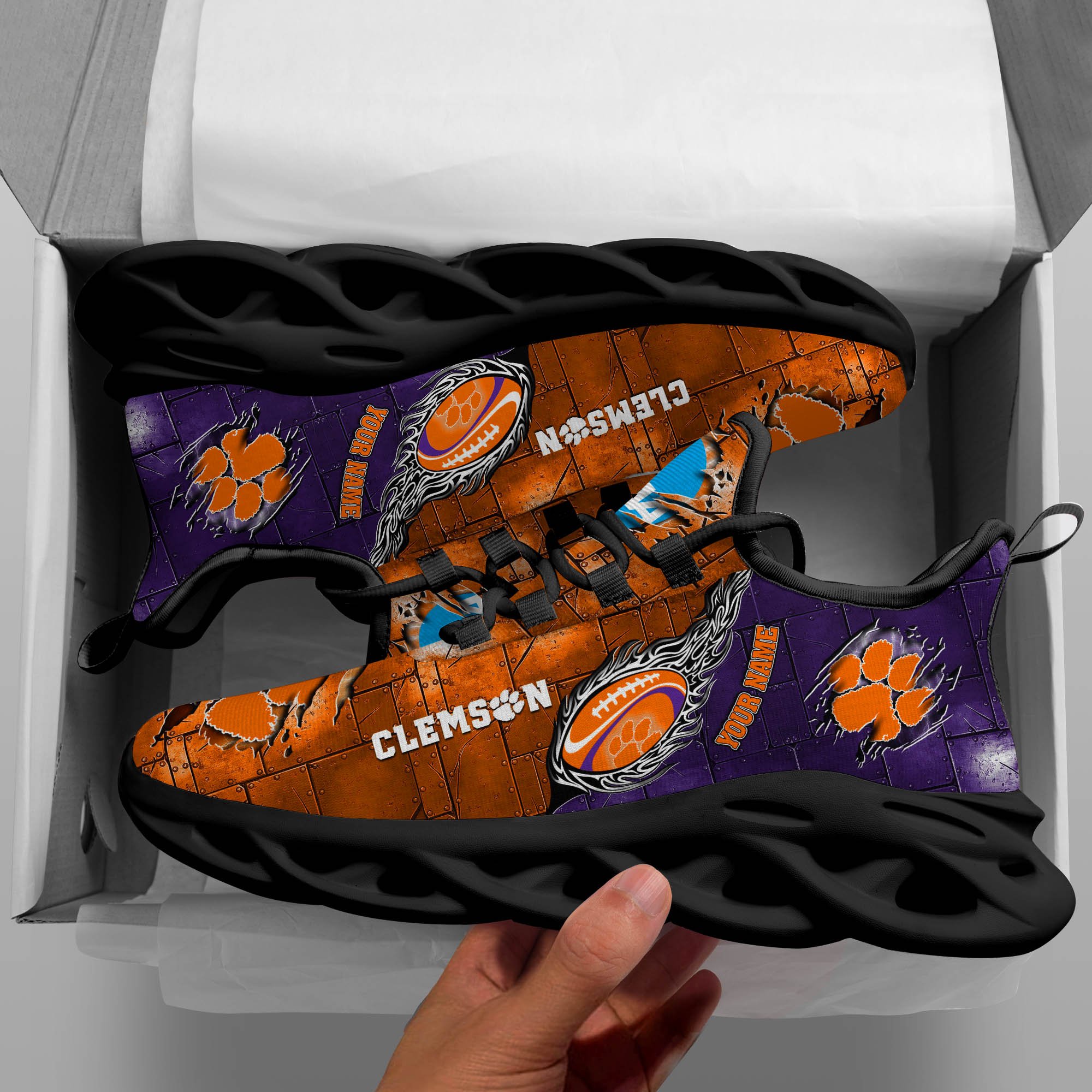Clemson Tigers Black Max Soul Shoes 2025 Versions, White Max Soul Shoes Custom Your Name PH879