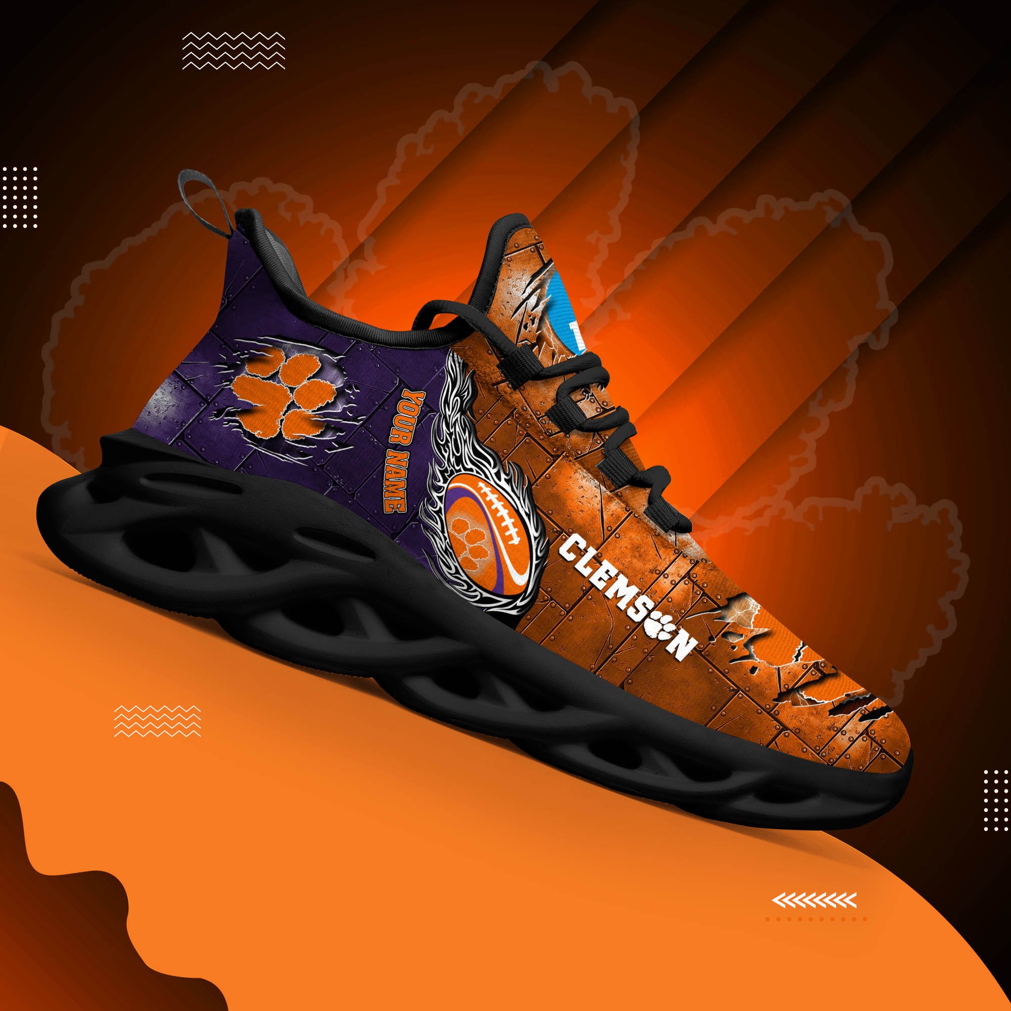 Clemson Tigers Black Max Soul Shoes 2025 Versions, White Max Soul Shoes Custom Your Name PH879
