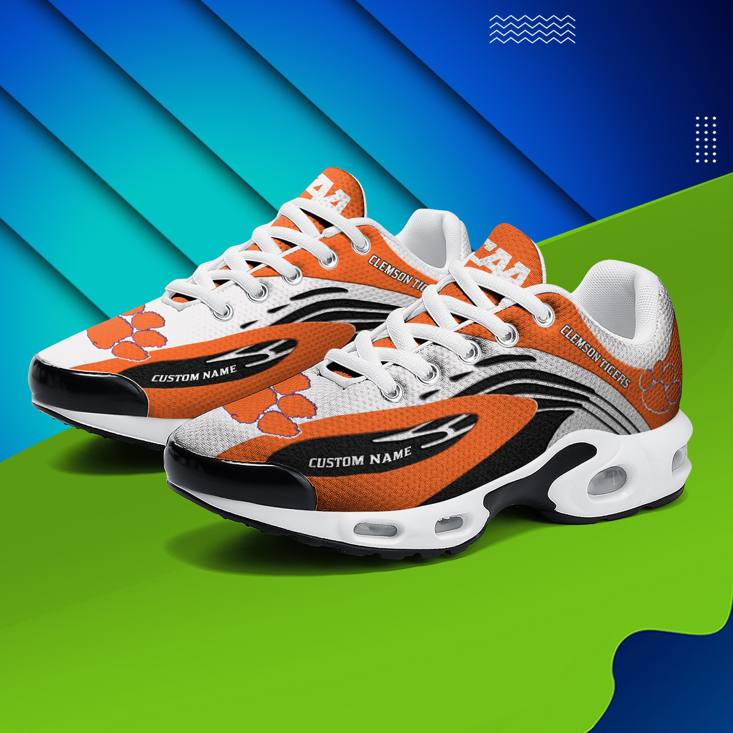 Clemson Tigers Personalized Name Team Logo Mix Colors Wave Line TN Shoes Air Cushion Sneakers