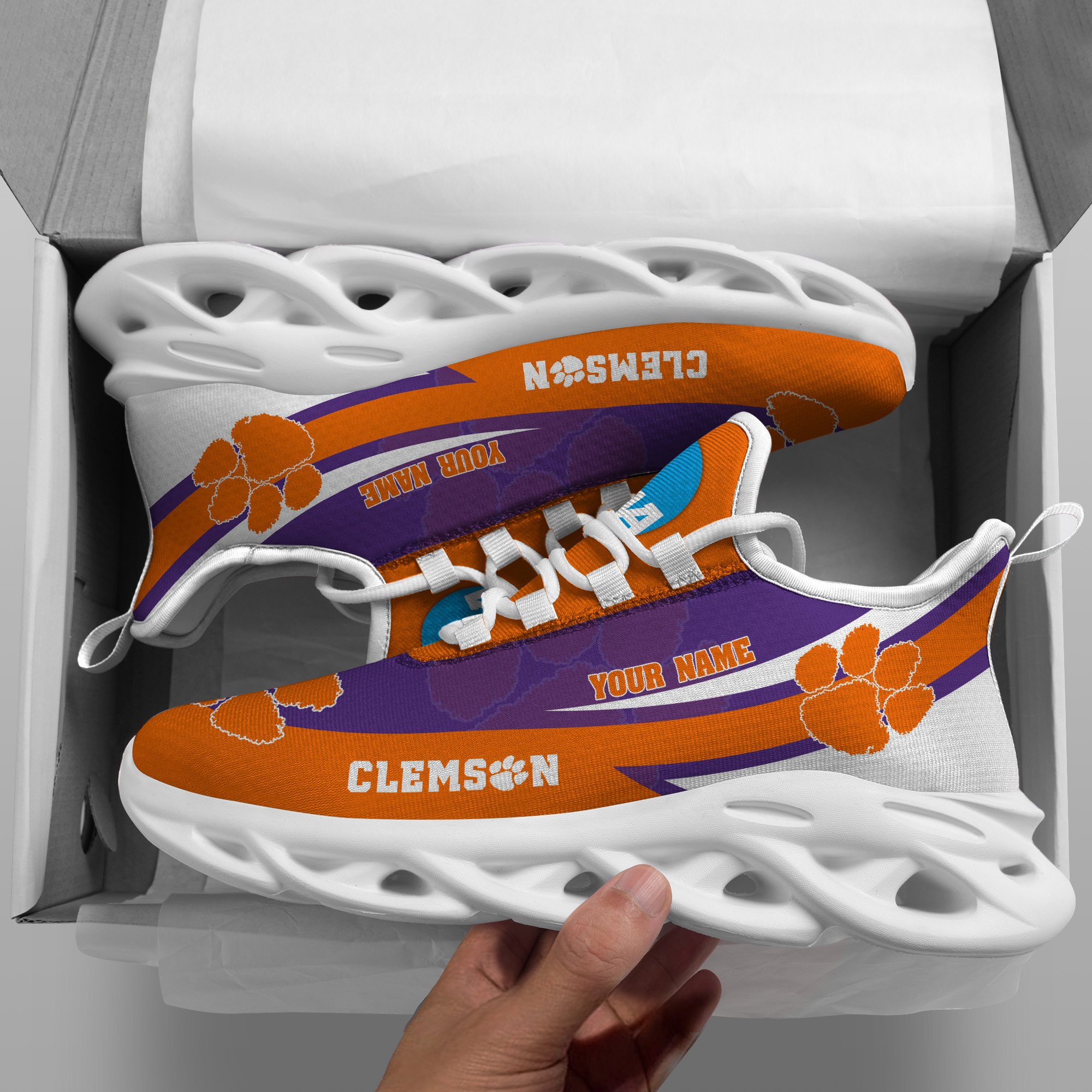 Clemson Tigers White Max Soul Shoes 2025 Versions Custom Your Name, Sports Gift For Fan PH019