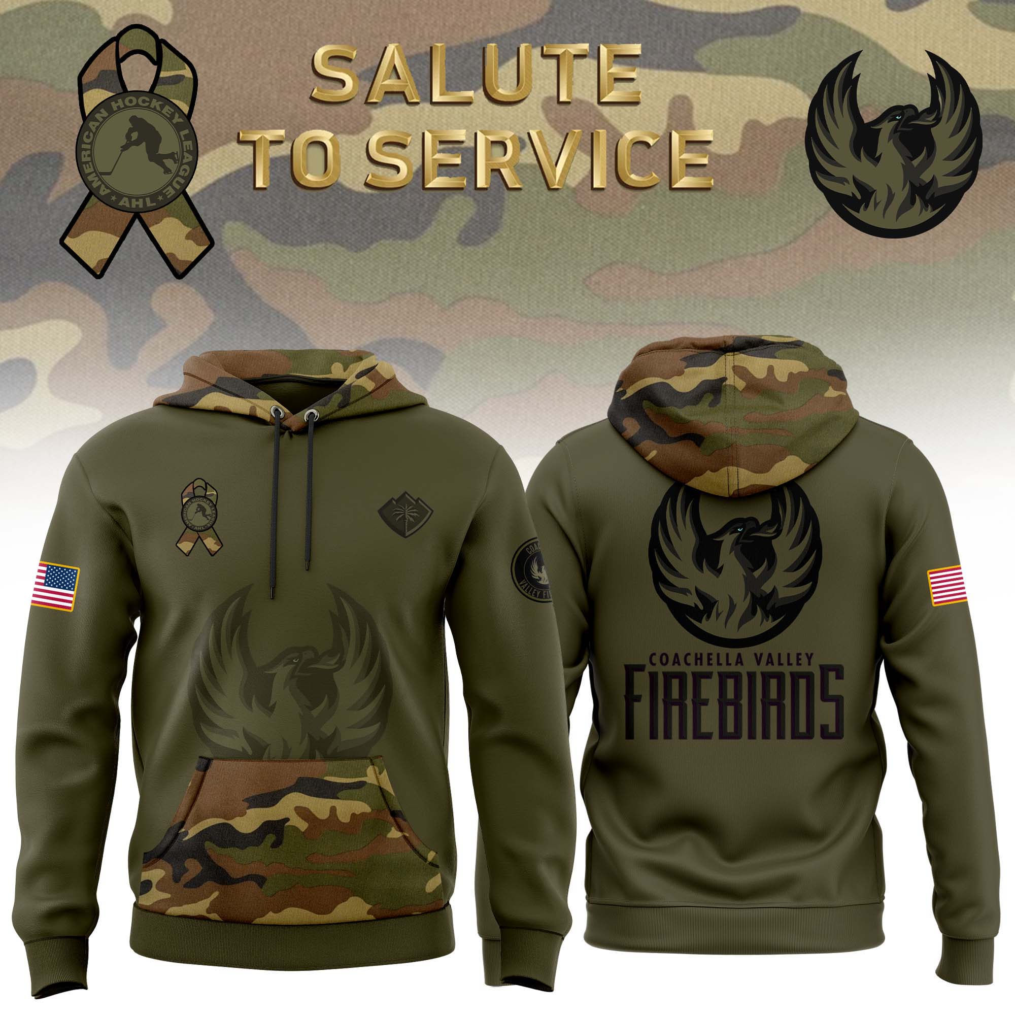 Coachella Valley Firebirds Camo Salute to Service Club Fleece Pullover Hoodie 