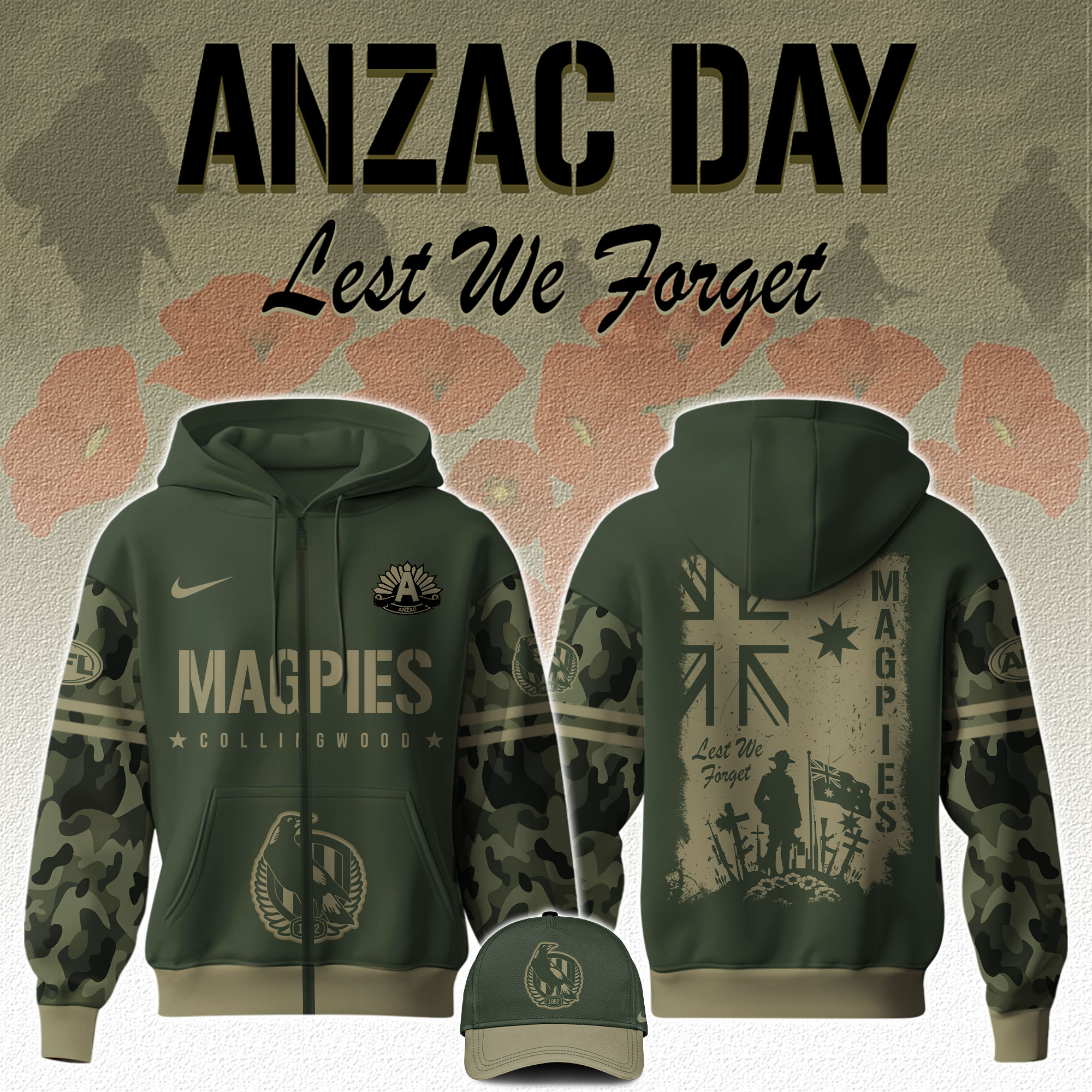 Collingwood  Magpies AFL x Anzac Day   Zip Hoodie 2025 