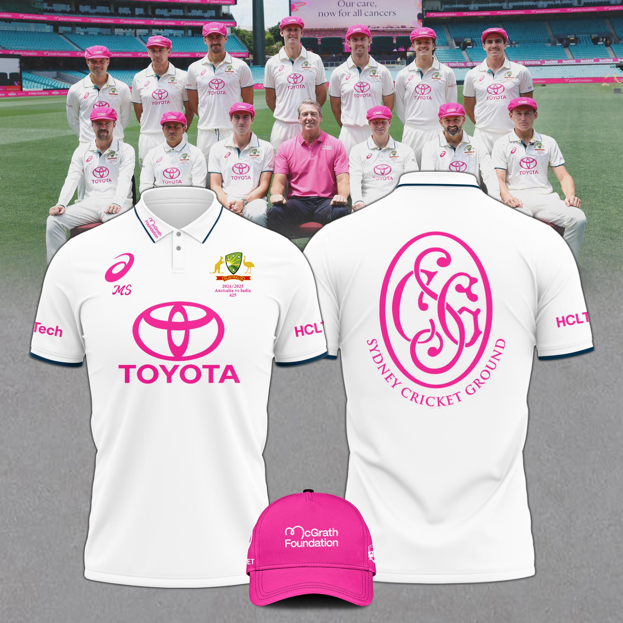 Cricket Team Australia National Shirt Pink Polo Breast Cancer Glenn McGrath v2 