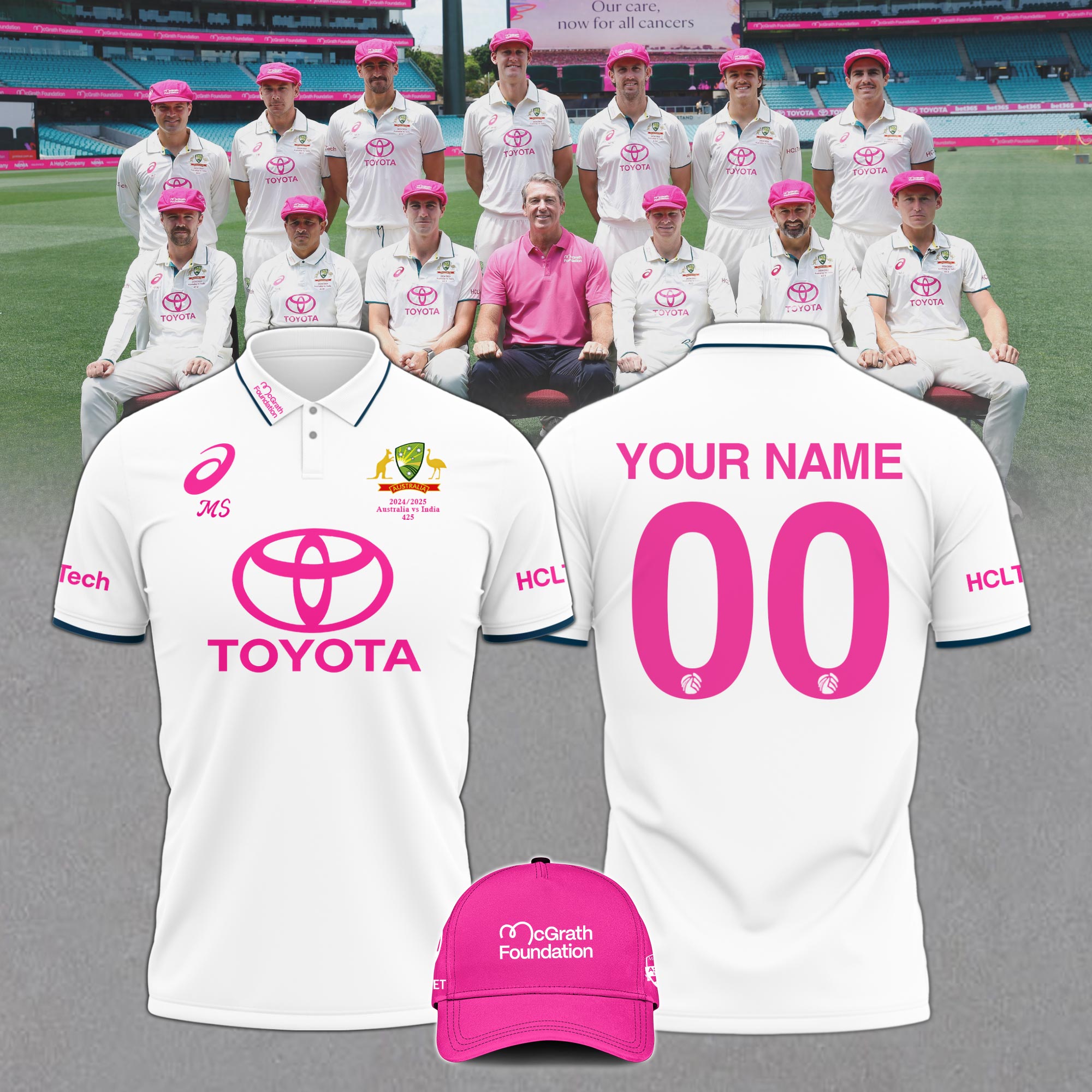 Cricket Team Australia National Shirt Pink Polo Breast Cancer Glenn McGrath v3 CUSTOM NAME NUMBER 