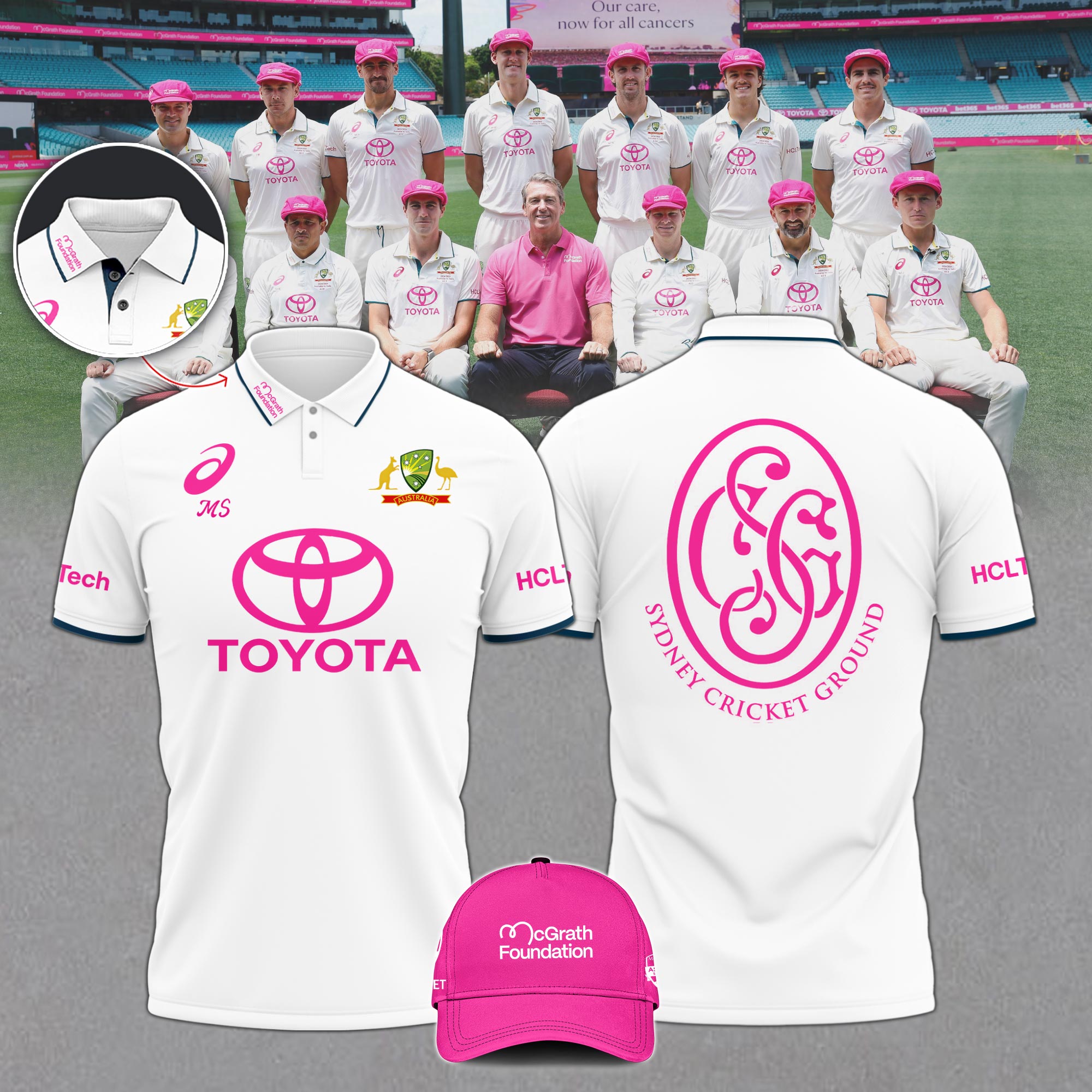 Cricket Team Australia National Shirt Pink Polo Breast Cancer Glenn McGrath v3 