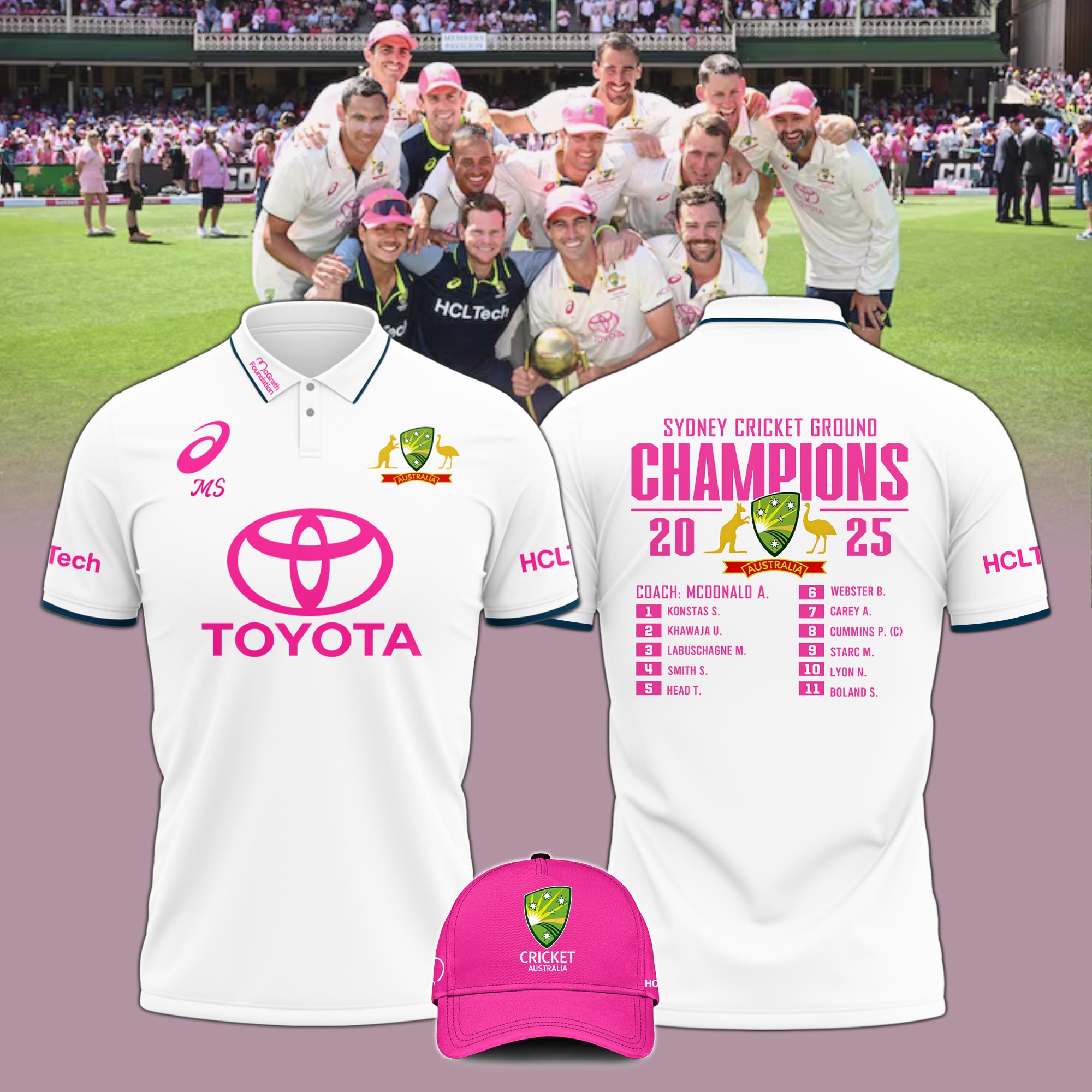 Cricket Team Australia National Shirt Pink Polo CHAMPIONS Breast Cancer Glenn McGrath 
