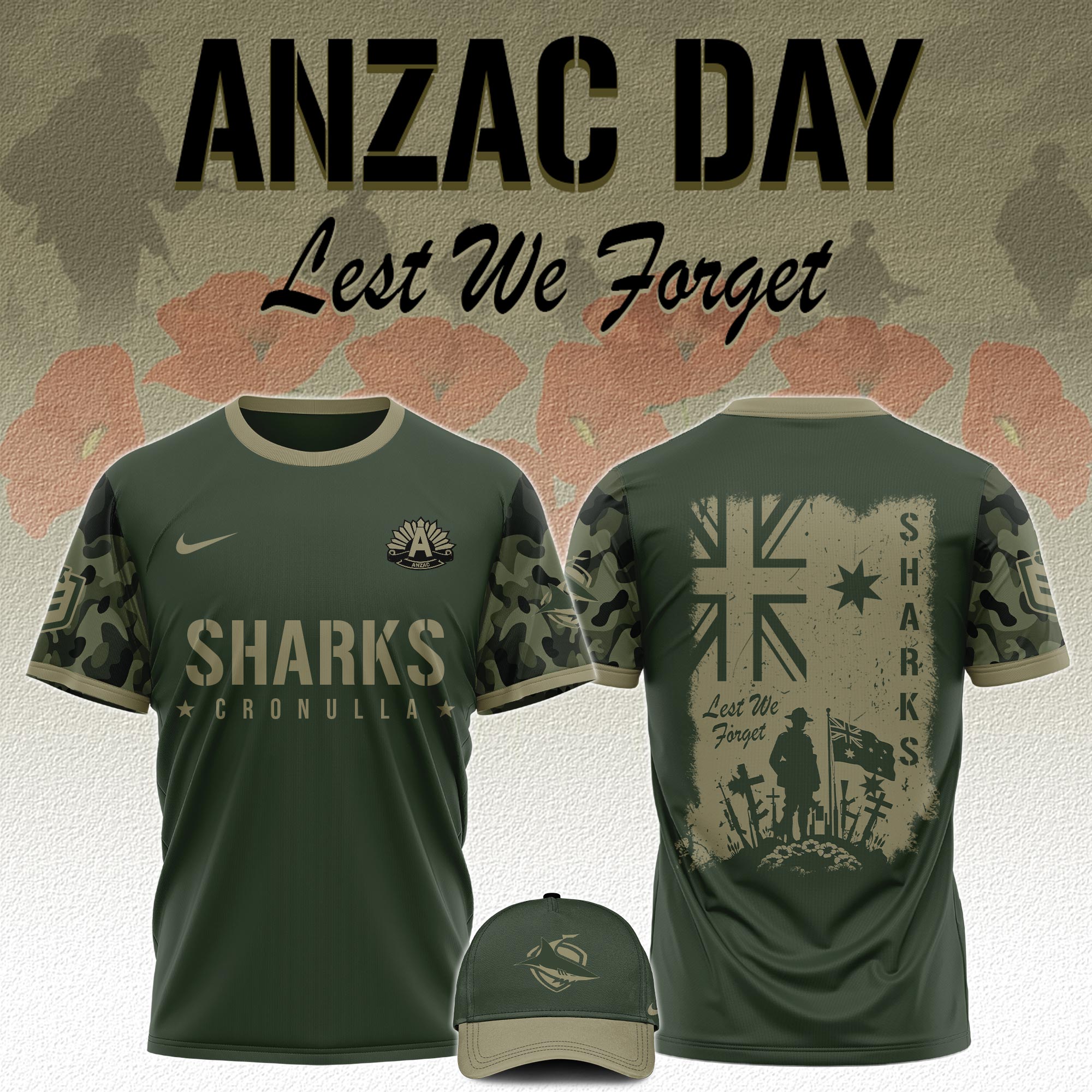 Cronulla Sharks   x Anzac Day   Tshirt 2025 