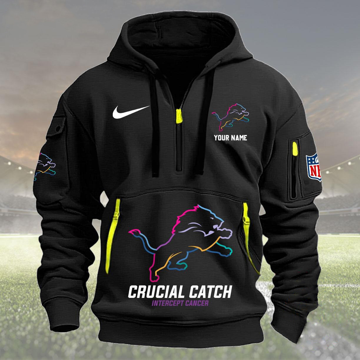 Custom Detroit Lions Football Quarter Half Zip Hoodie Crucial Catch Intercept Cancer 