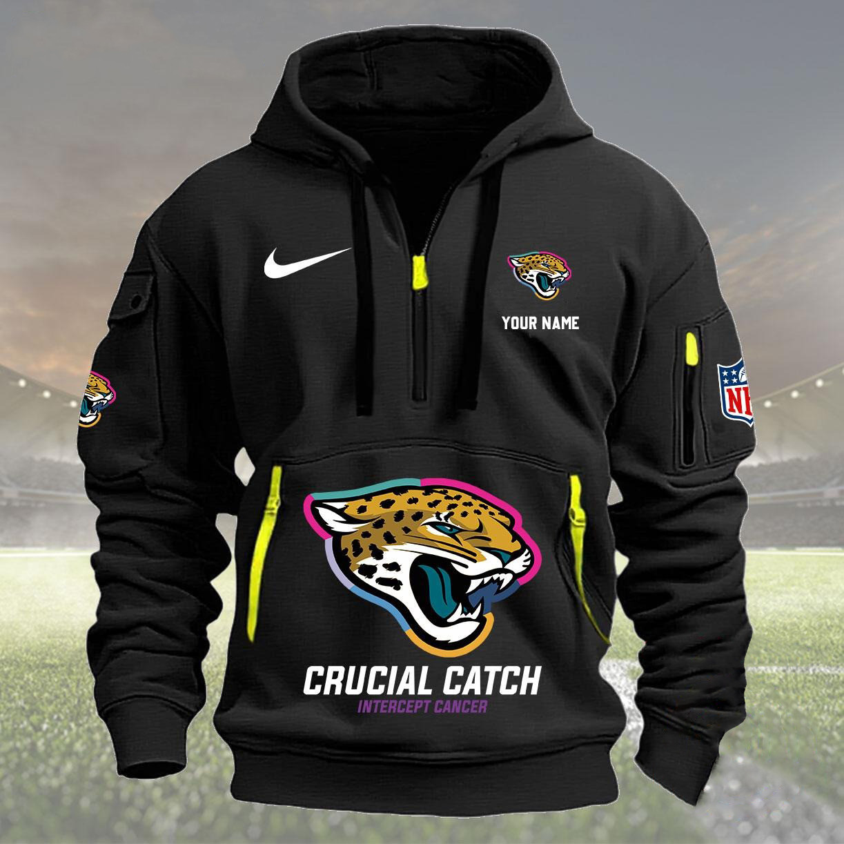 Custom Jacksonville Jaguars 2024 Quarter Zip Hoodie Crucial Catch Intercept Cancer 