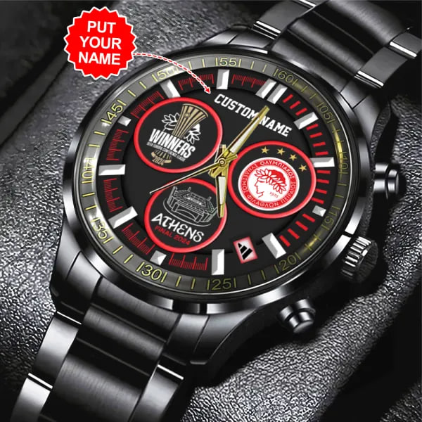 Custom Name LIVE Premium Black Hand Watch Olympiacos UEFA Europa 