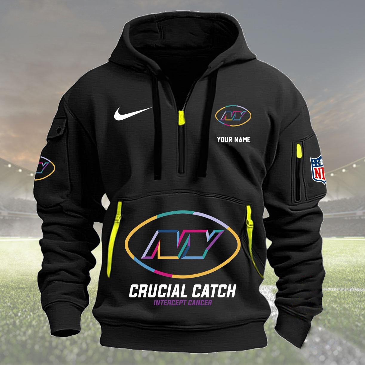 Custom NY New York Jets Baseball Quarter Half Zip Hoodie Crucial Catch Intercept Cancer 