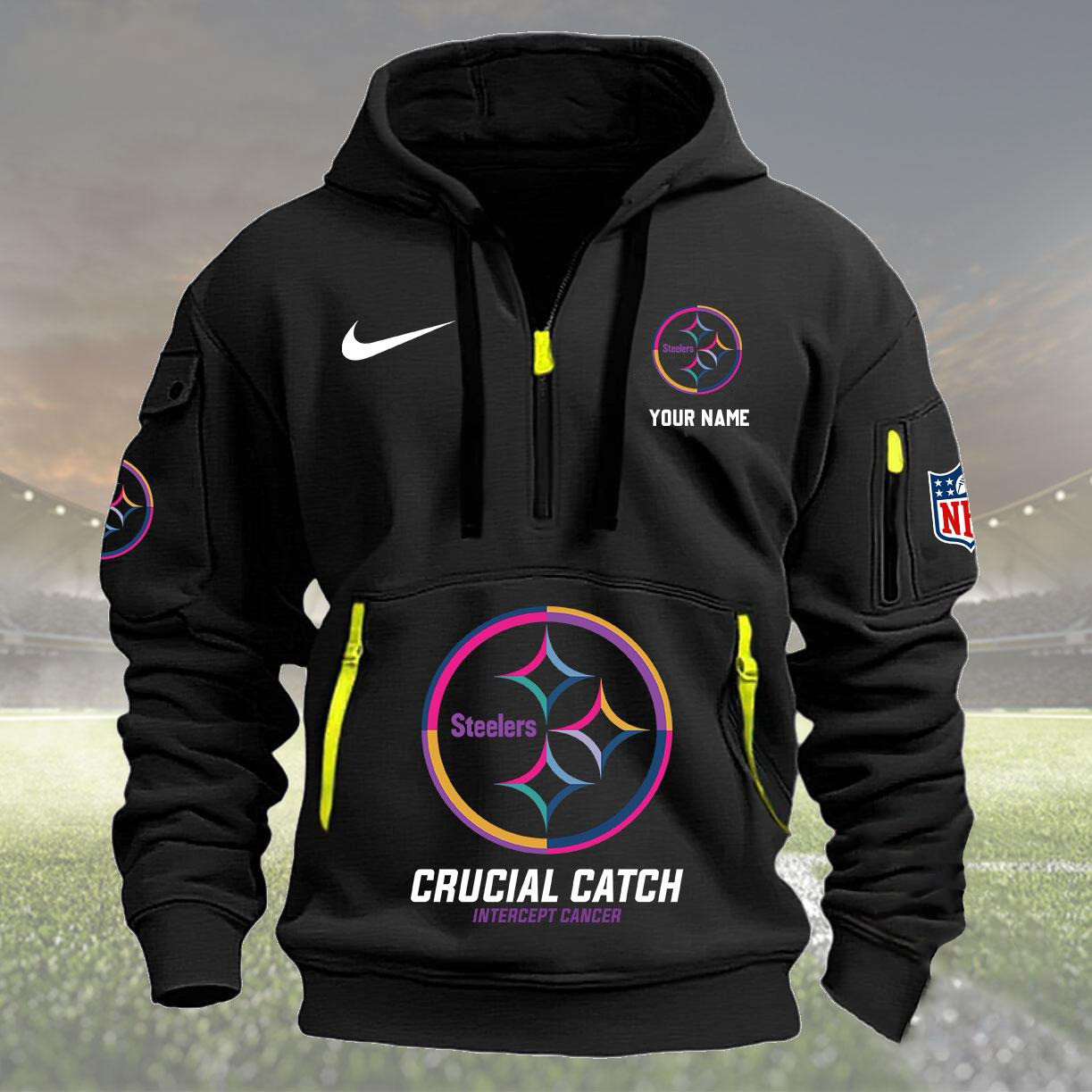 Custom Pittsburgh Steelers 2024 Quarter Zip Hoodie Crucial Catch Intercept Cancer 