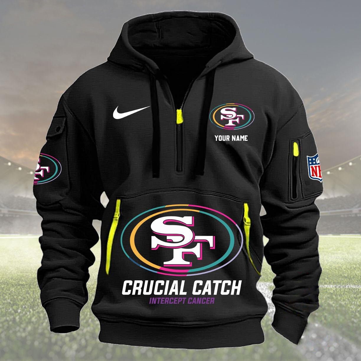 Custom San Francisco 49ers Quarter Half Zip Hoodie Crucial Catch Intercept Cancer 