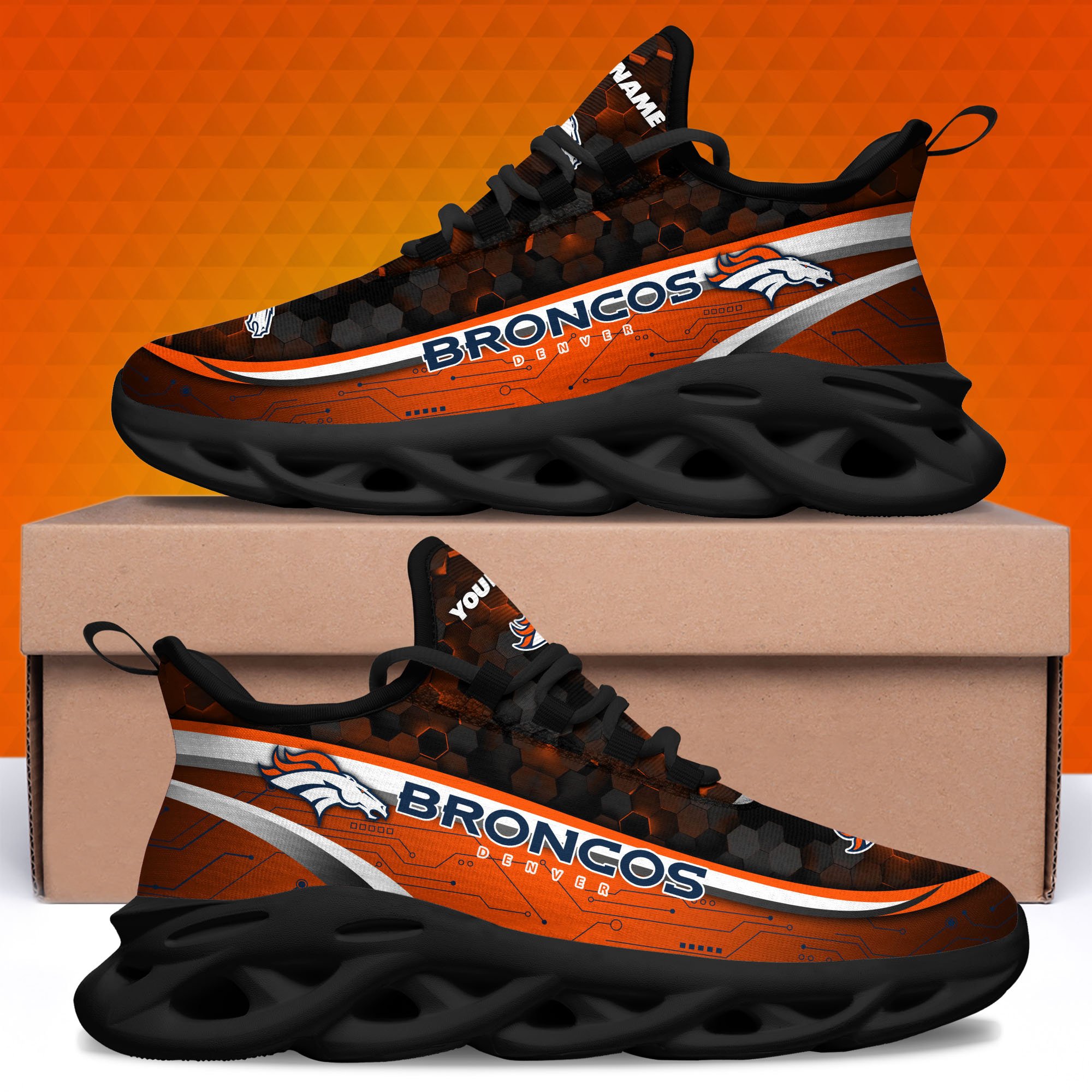Denver Broncos Black Clunky Sneakers Custom Name, Max Soul Shoes, Sport Gifts