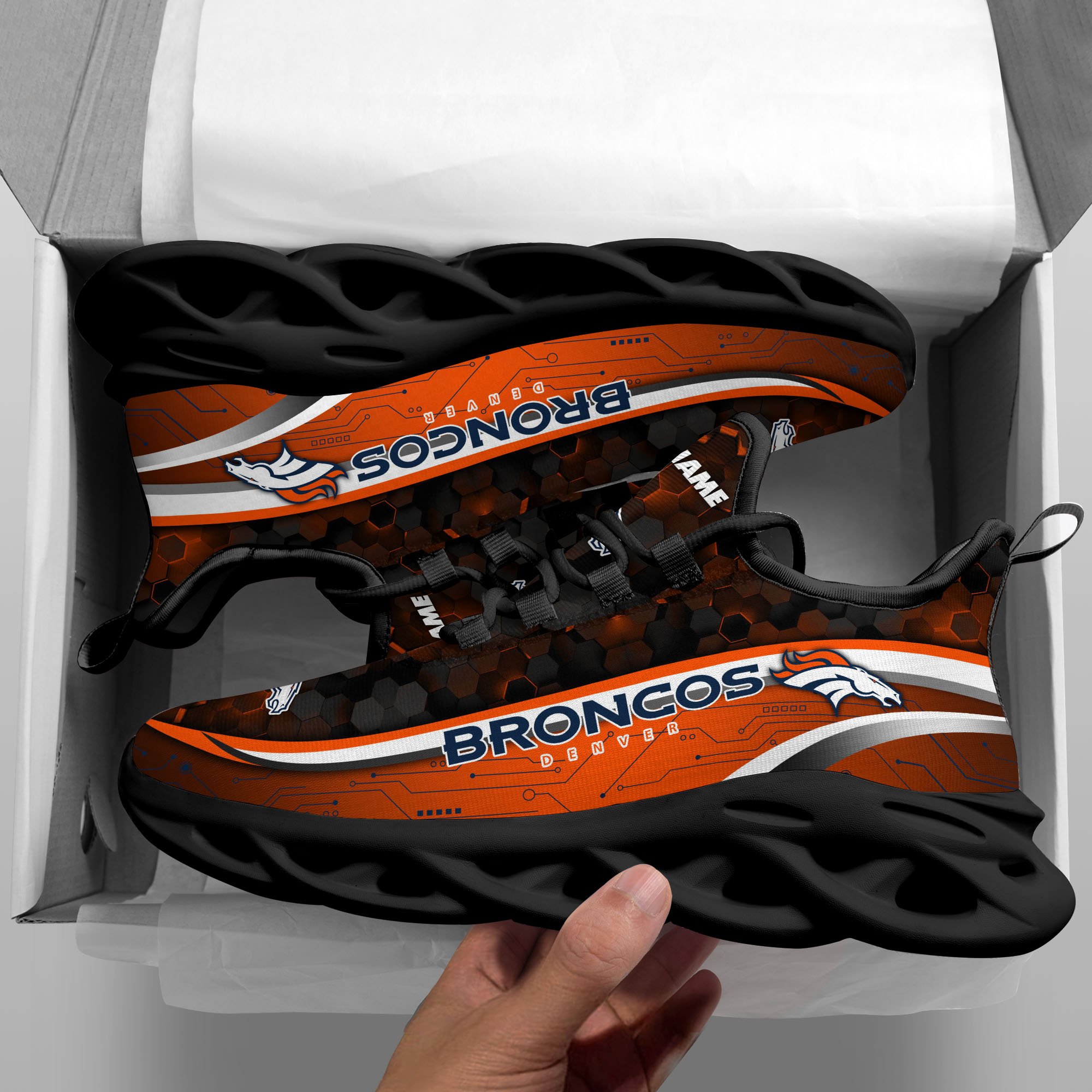 Denver Broncos Black Clunky Sneakers Custom Name, Max Soul Shoes, Sport Gifts