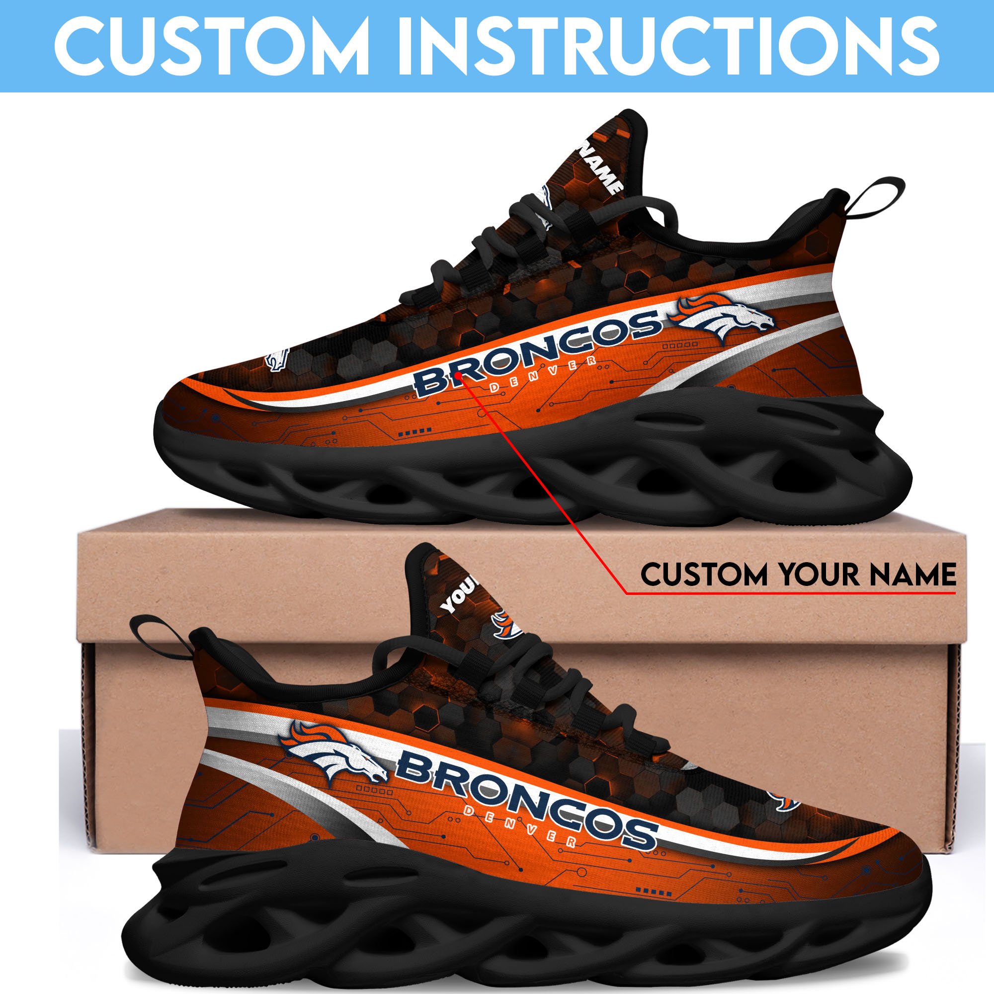 Denver Broncos Black Clunky Sneakers Custom Name, Max Soul Shoes, Sport Gifts